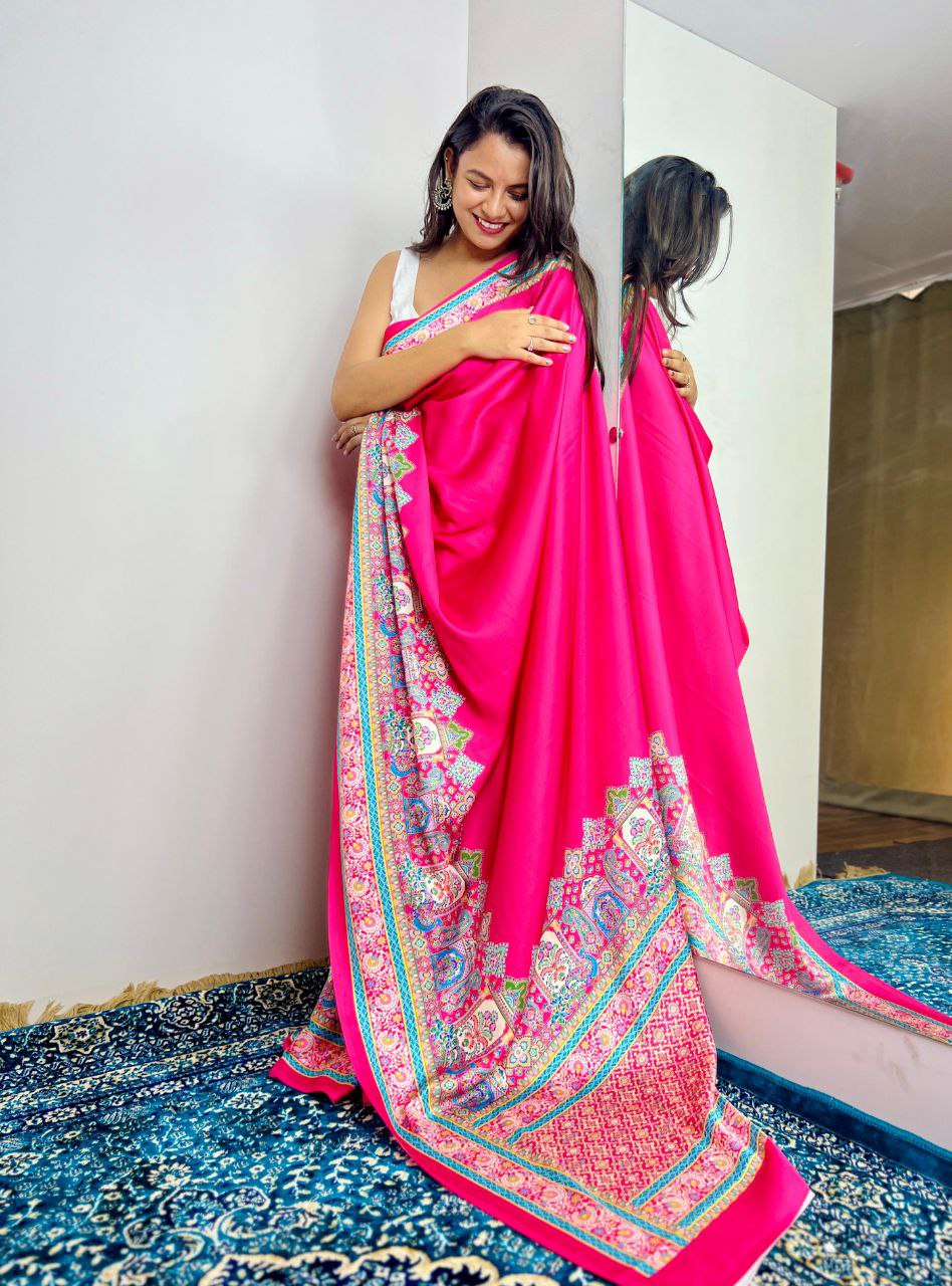 New Designer Premium Ajrakh Printed Pink Satin Saree