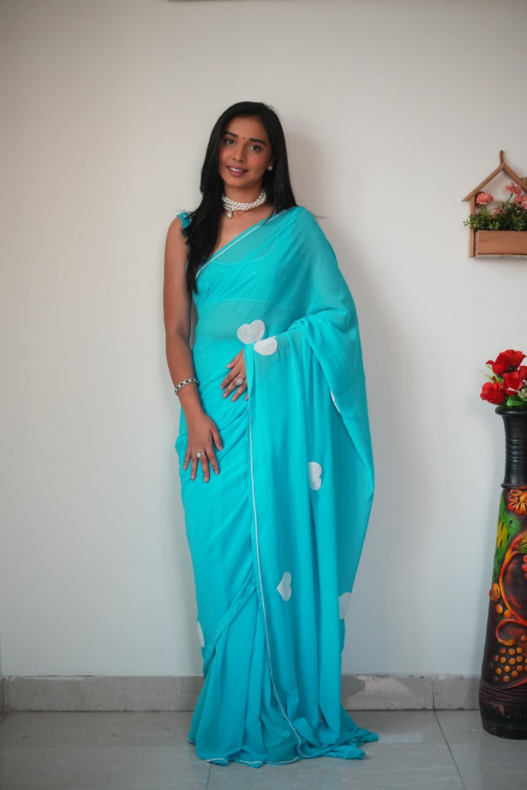 New One Minute Ready To Wear White Heart Embroideried Pure Soft Georgette Silk Ocean blue Saree