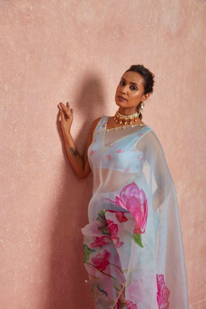 New One Minute Ready To Wear Soft Organza Silk Pastel Blue Saree with Beautiful Hand Worked Moti  And Val Work With Same Handworked Stiched Blouse