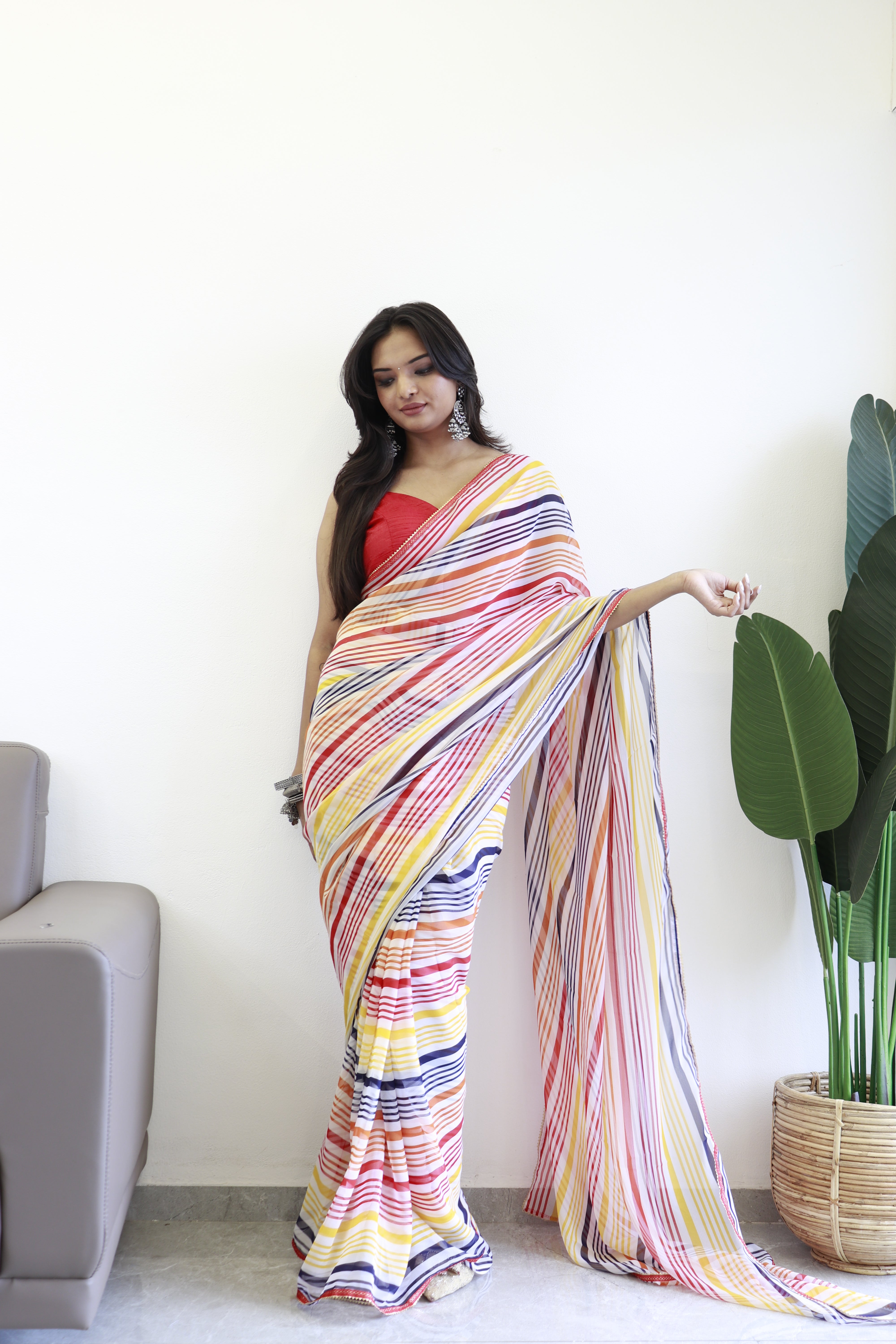 New One Minute Ready Wear Yellow Multicolor Strip Saree