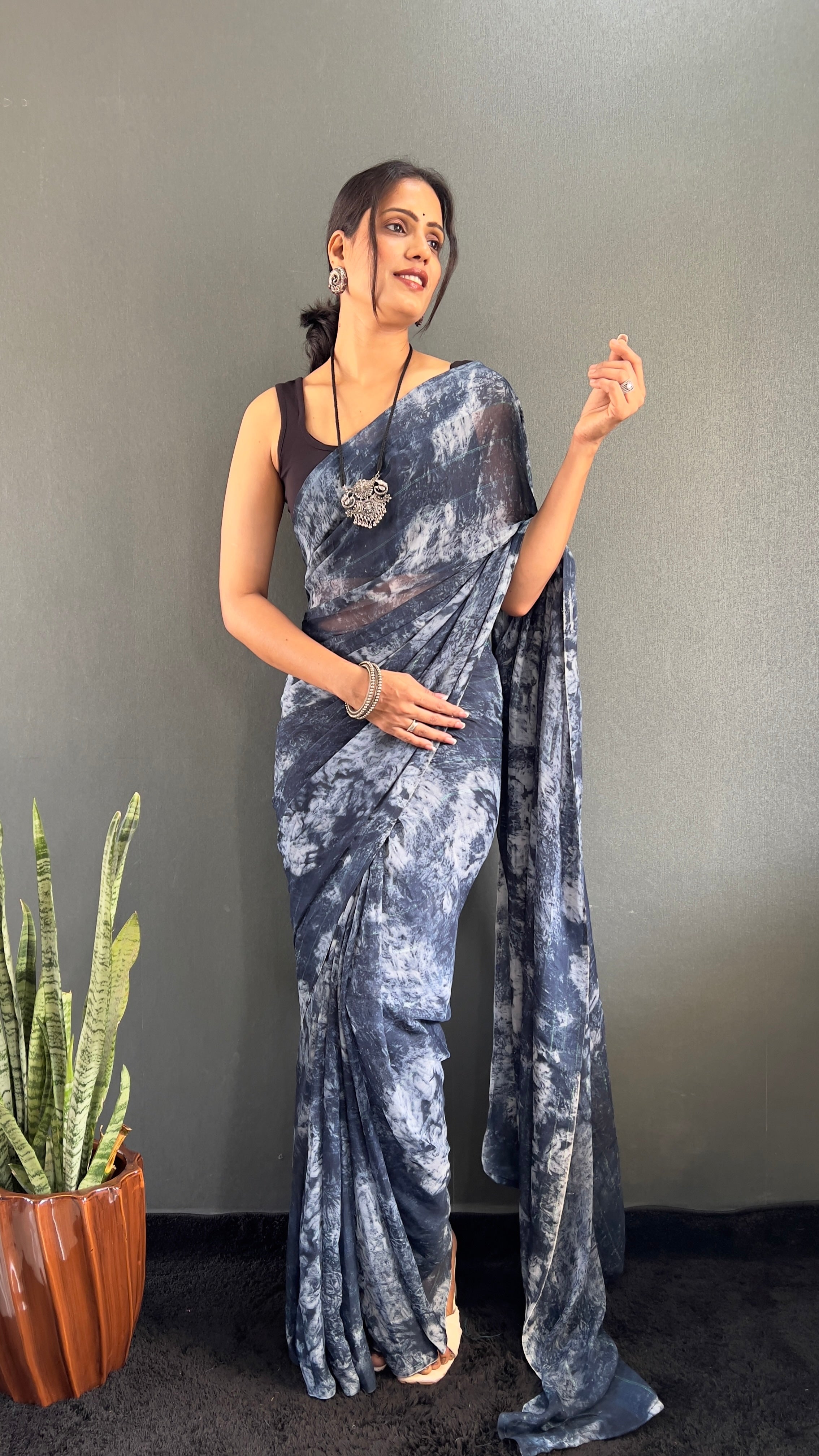 Adita One Minute Ready To Wear Navy Blue Saree With Unstiched Blouse