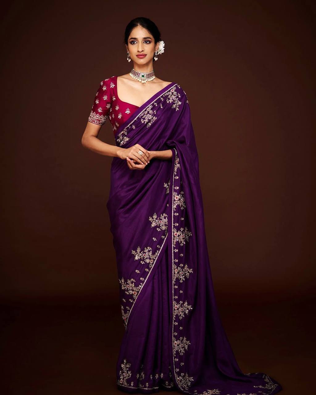 New Designer Natural Chinnon Purple Saree With Coding Sequence Embroidery Work