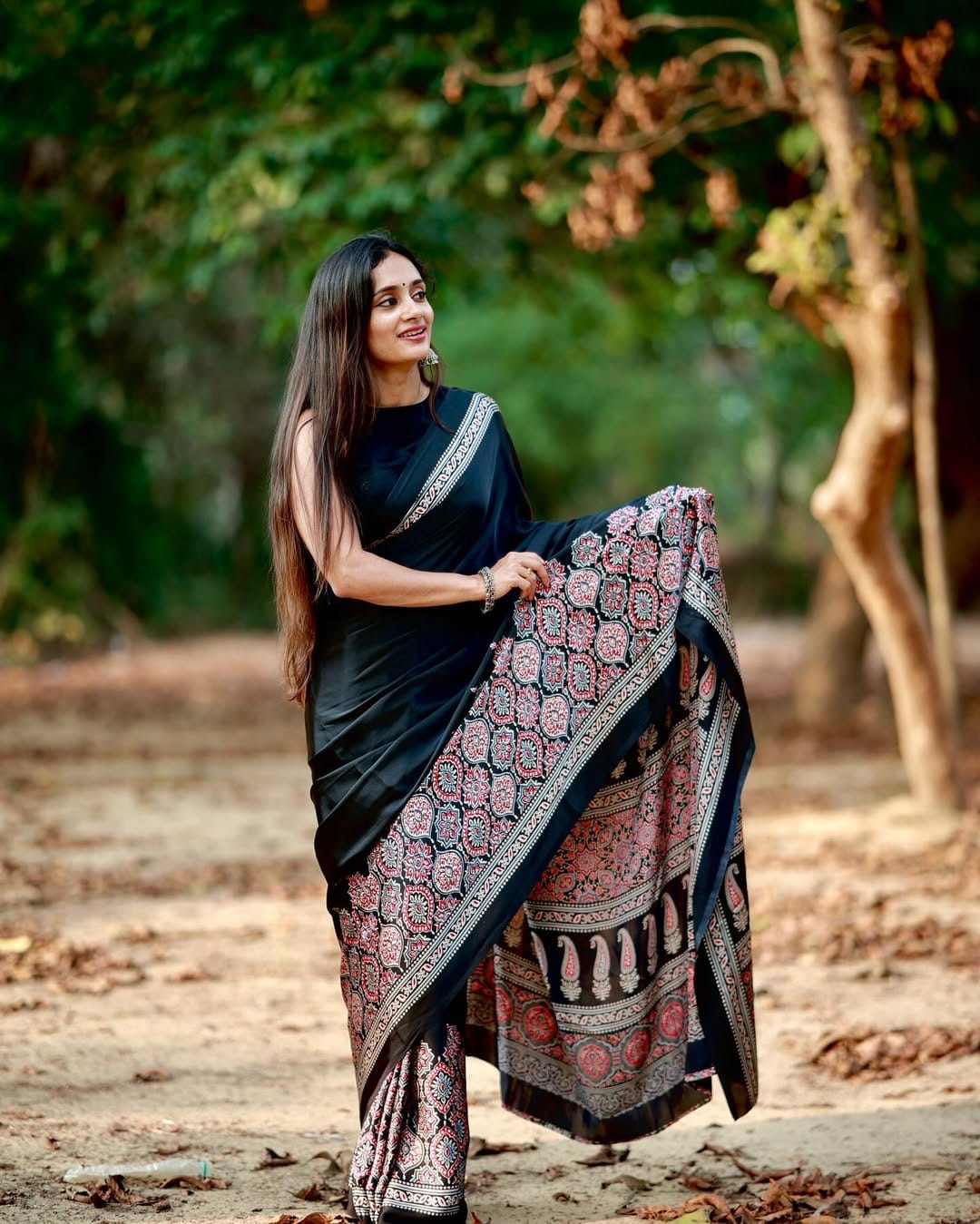 New One Minute Ready To Wear Digital Printed Crape Silk Black Saree