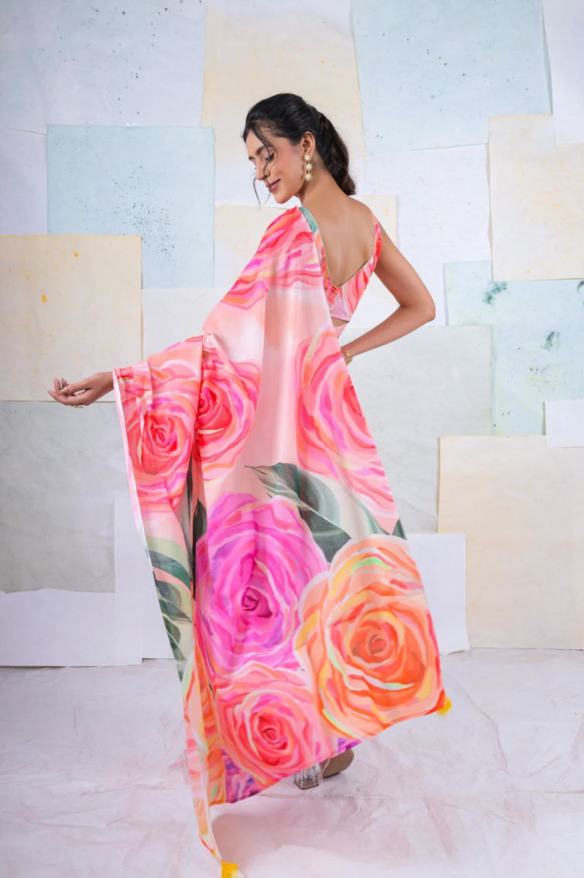 New Designer Original Japan Satin Rose Flower Printed Peach Saree With Digital Printed Unstiched Blouse Piece