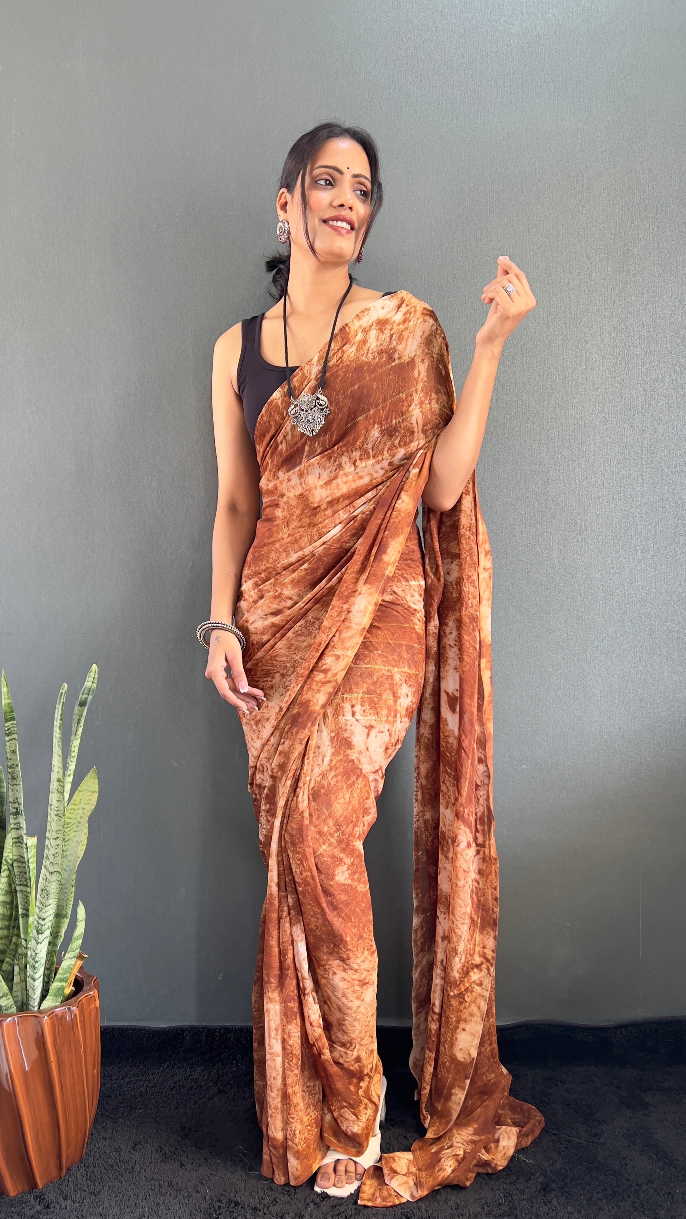 Adita One Minute Ready To Wear Brown Saree With Unstiched Blouse