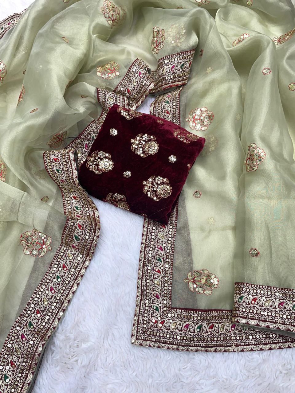 New Designer Soft Organza Silk Pista Saree