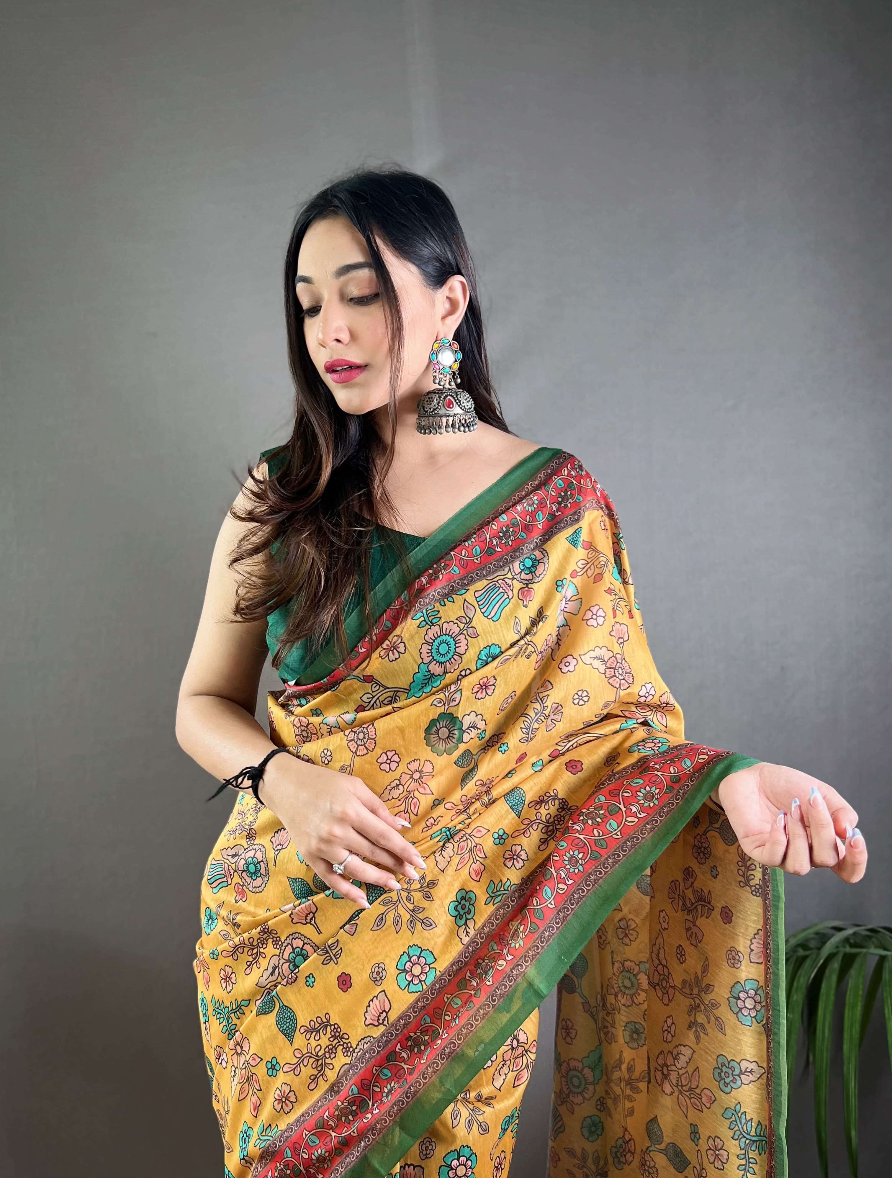 New Designer Pure Malai Cotton Saree With Beautiful Kalamkari Prints Along With Contras Big Pallu With Tussels - Musturd Yellow