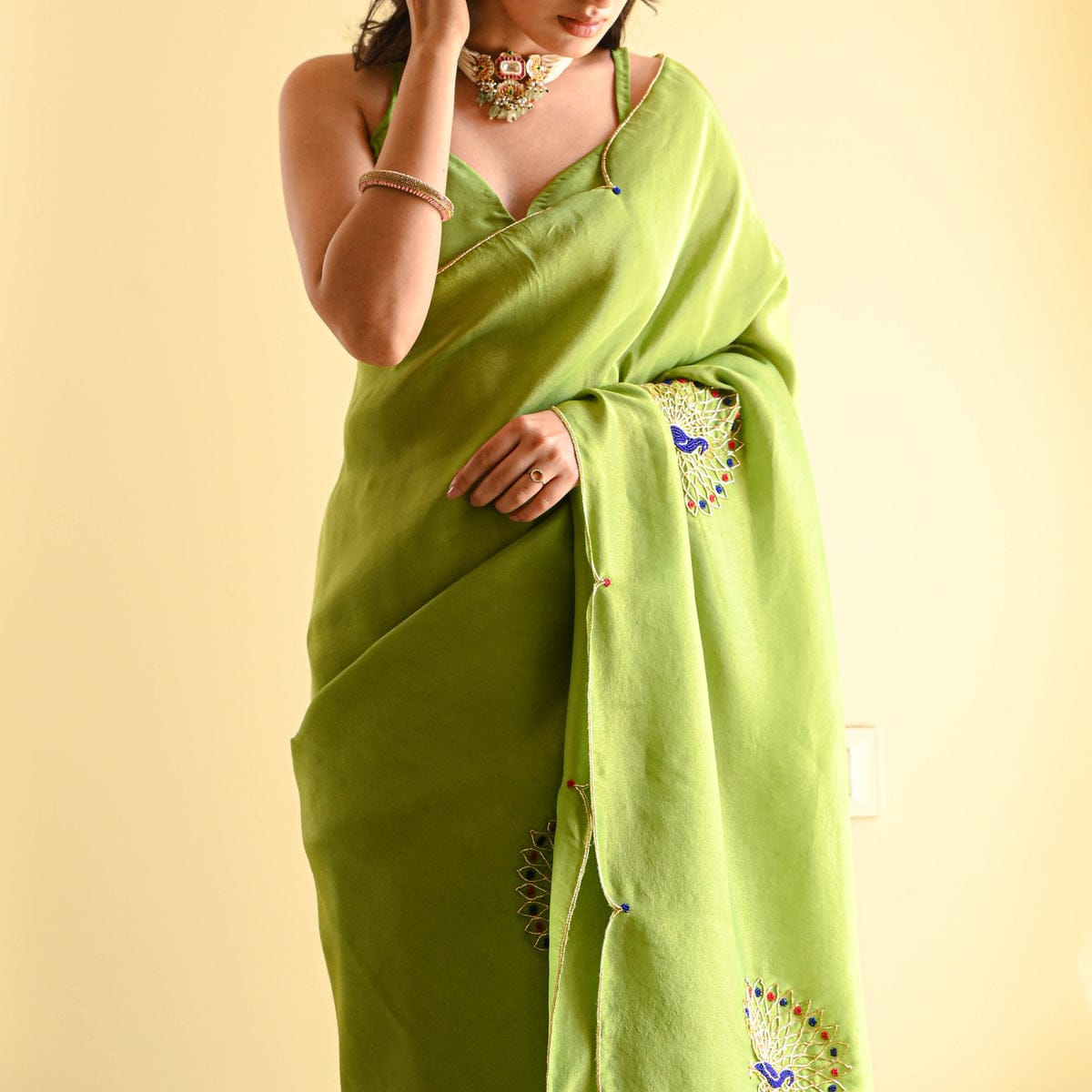 New One Minute Ready To Wear Pure Soft Malai Satin Silk Saree With Beautiful Hand worked Peacock Blooming with Same Model Patern Stiched Blouse