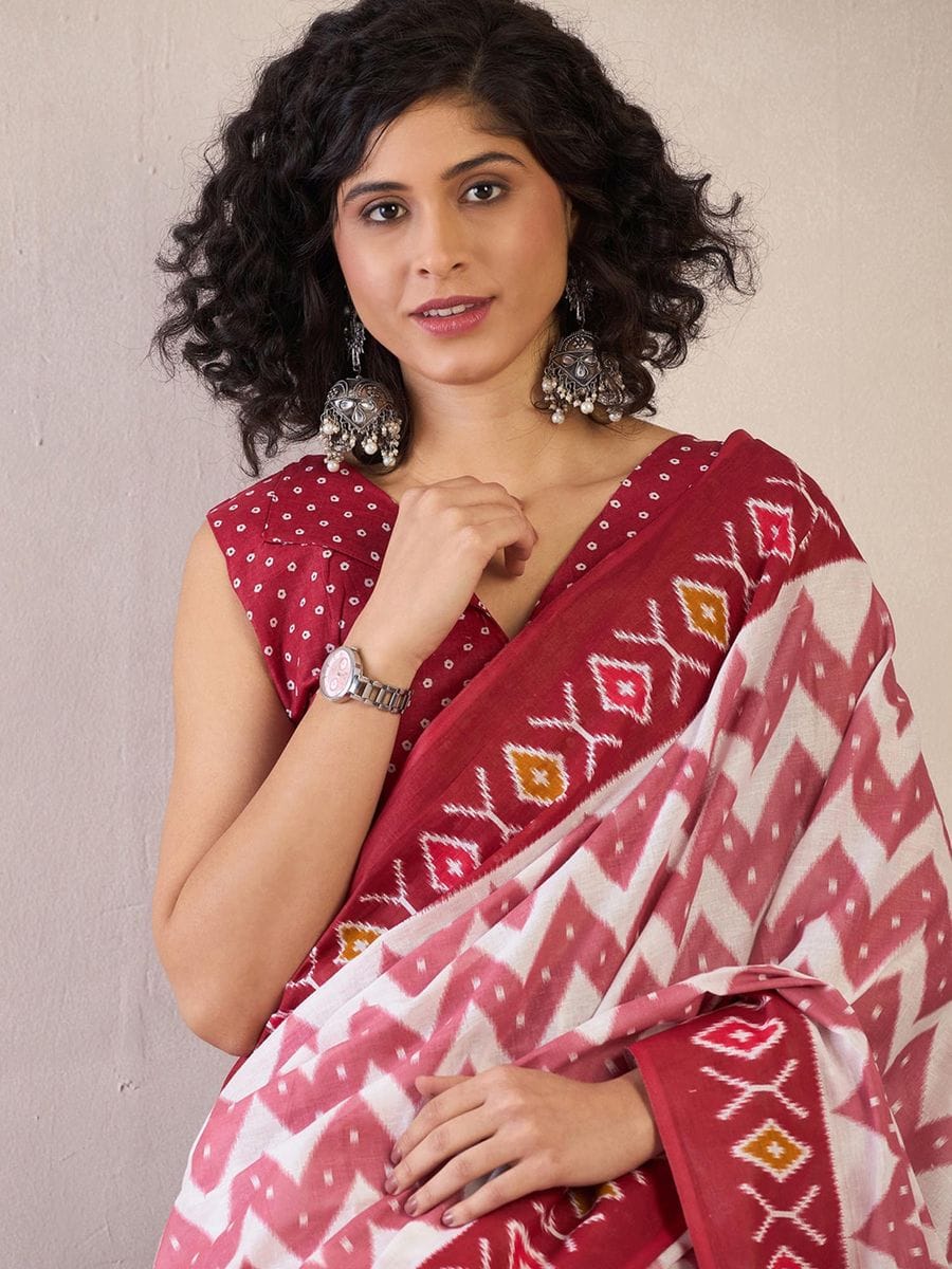 New One Minute Ready To Wear  Pure Soft Mul Cotton Silk zigzag Design Maroon-White Saree With Pocket Along With Same Model Digital printed Unstiched Blouse Piece