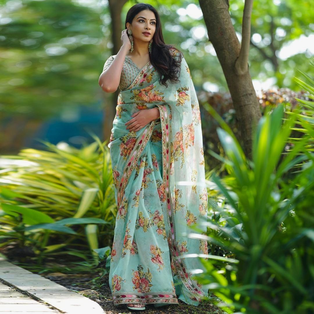 New Designer Digital Printed Tibby Slik Saree With Thread And Sequence Work Along With UnStiched Blouse Piece