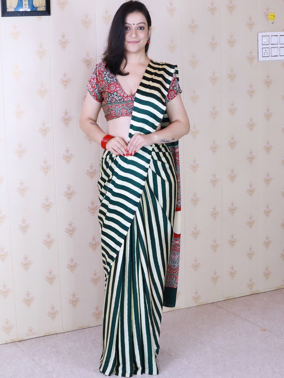 New One Minute Ready To Wear Digital Printed Crape Silk Green-White Saree
