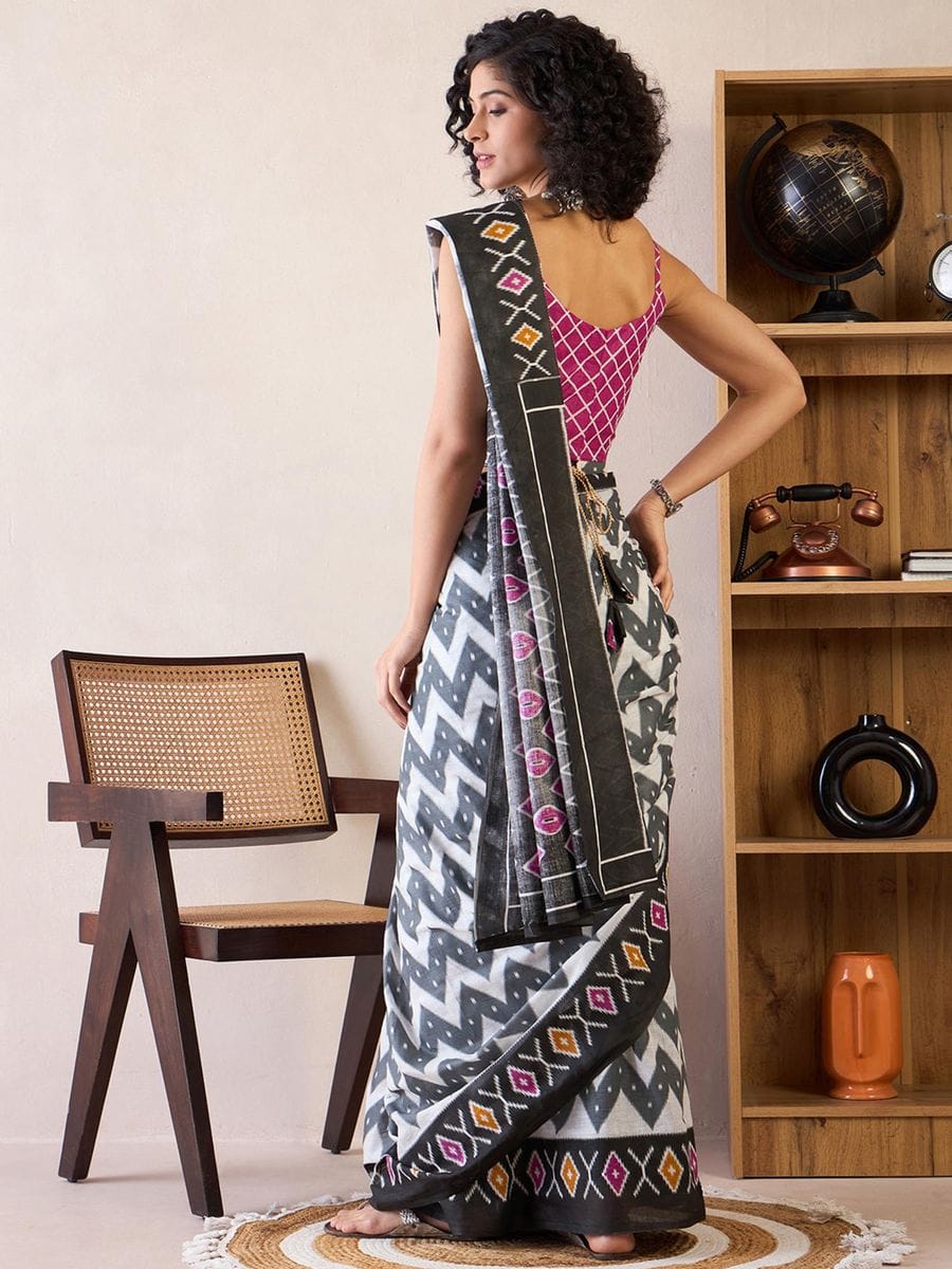 New One Minute Ready To Wear  Pure Soft Mul Cotton Silk zigzag Design Grey-White Saree With Pocket Along With Same Model Digital printed Unstiched Blouse Piece