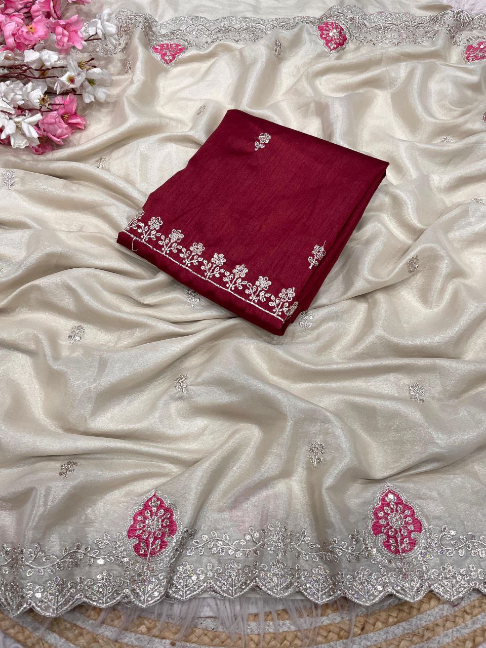 New Designer Blooming Chocolate Silk Saree With Multi Embroidery work - Off White