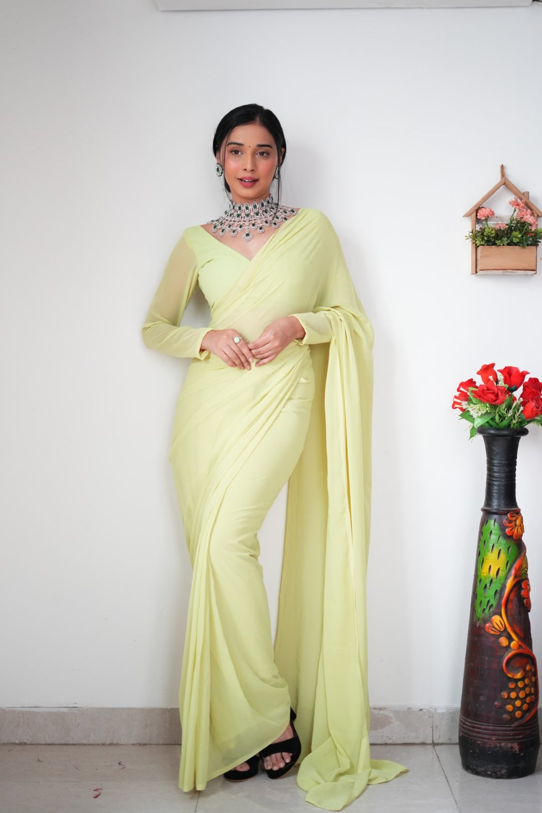 New One Minute Ready Wear Pastel Green Georgette Saree