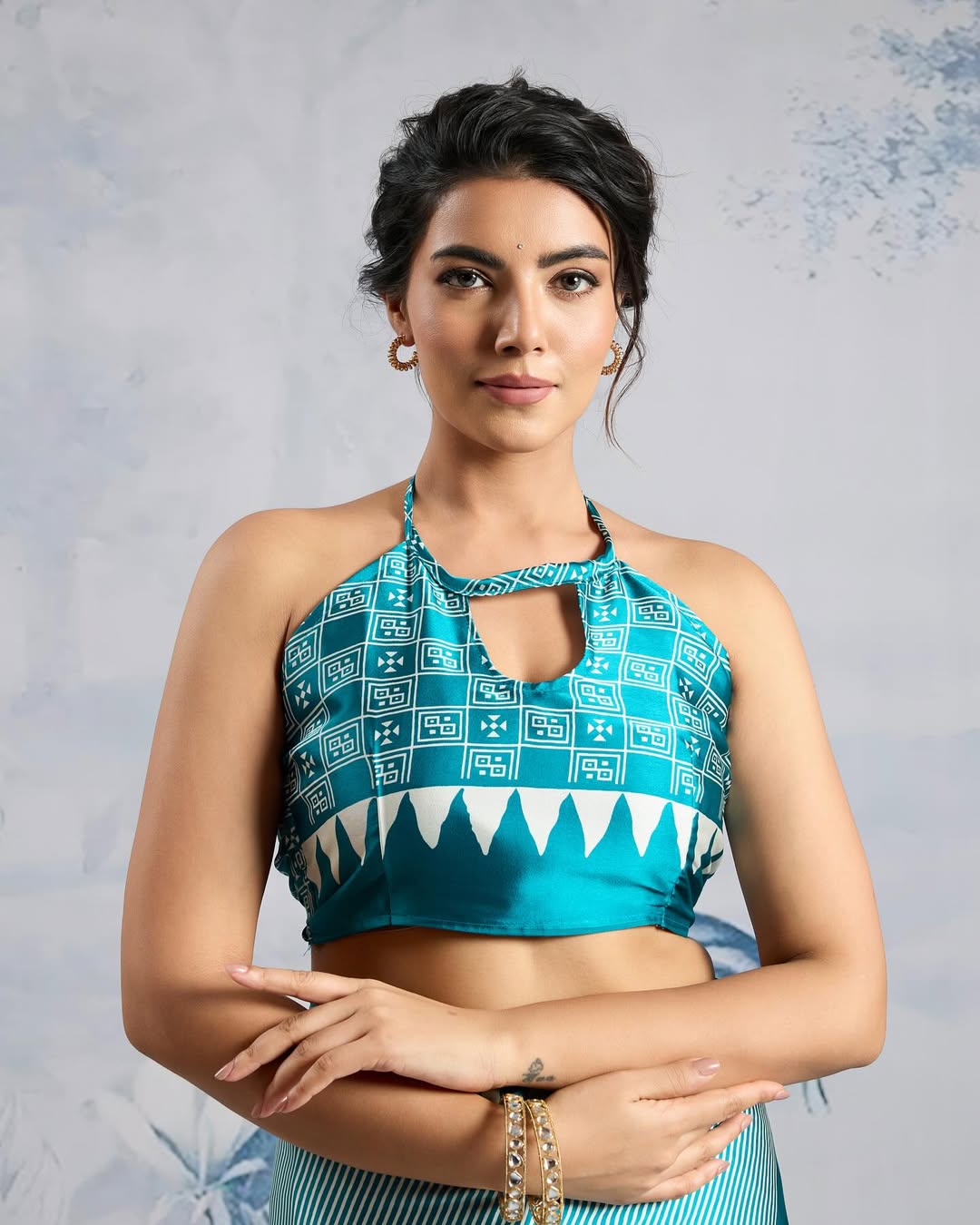 New One Minute Ready To Wear Digital Printed Crape Silk Teal Blue Saree