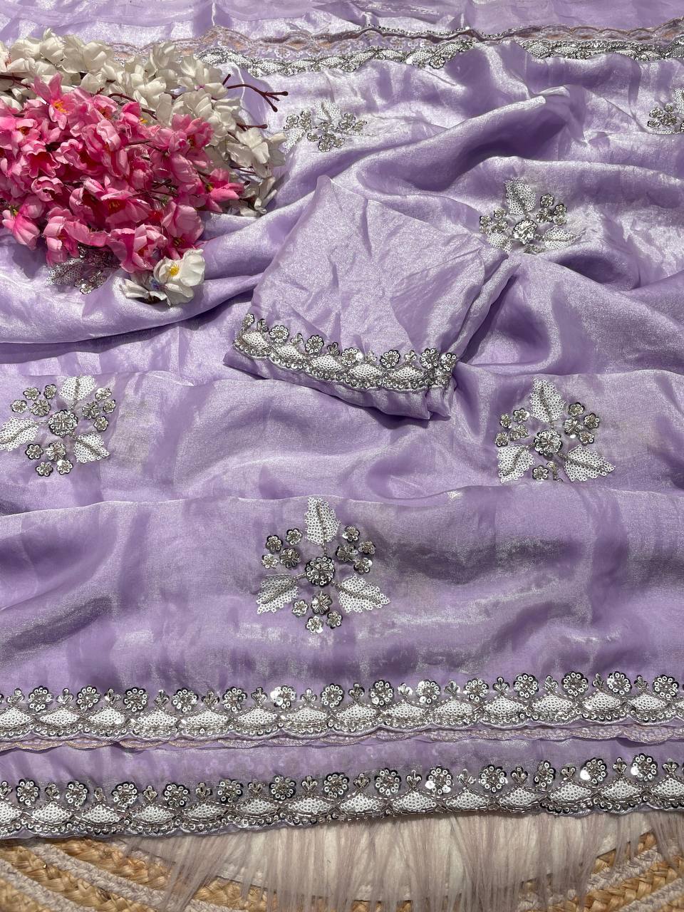 New Designer Fandy Sattin Saree With Brits Work - Purple