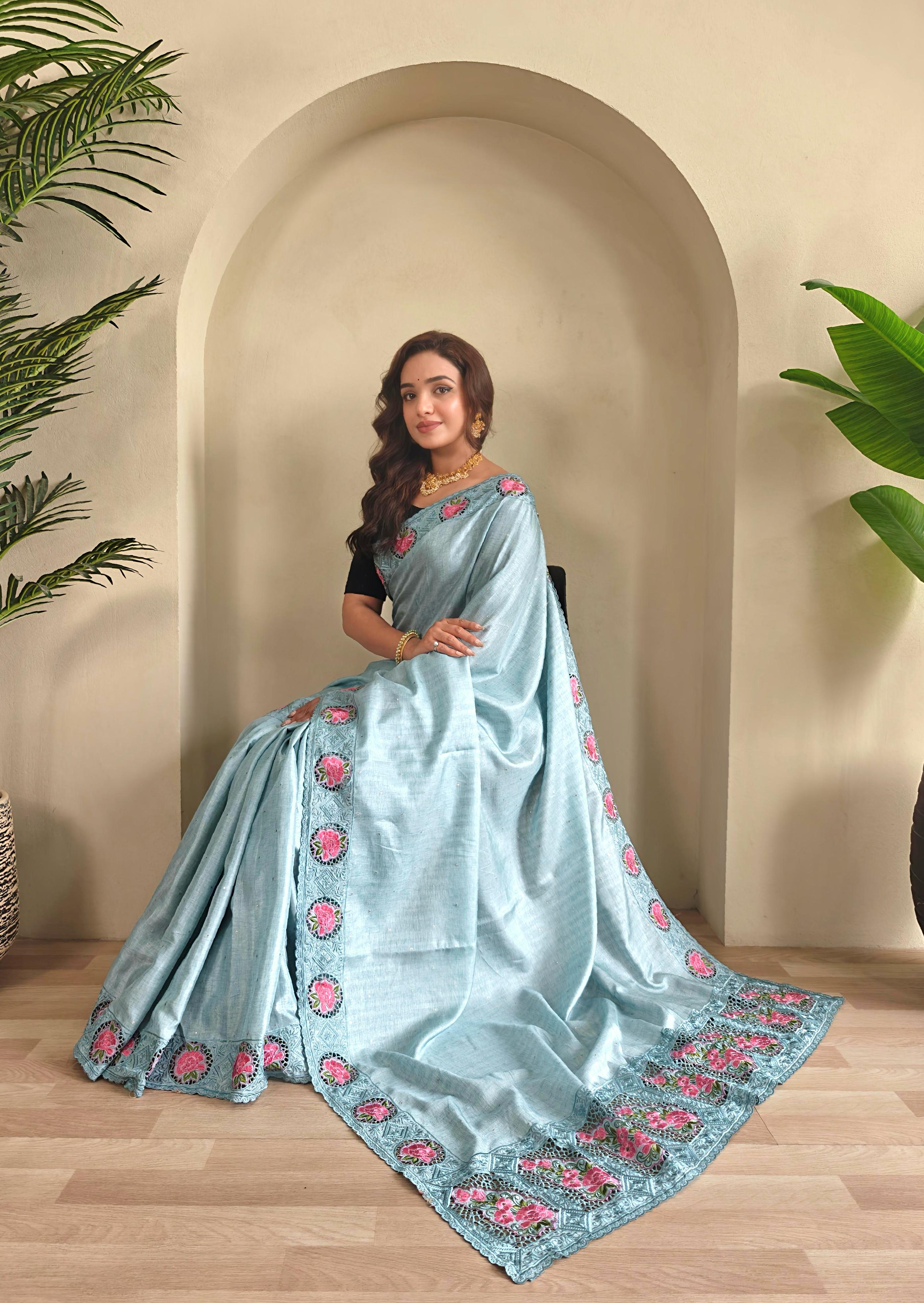 New Designer Soft Tussur Silk Pastel Sky Blue Saree With Super Fine Embroidered Pattern With Running Unstiched Blouse Piece