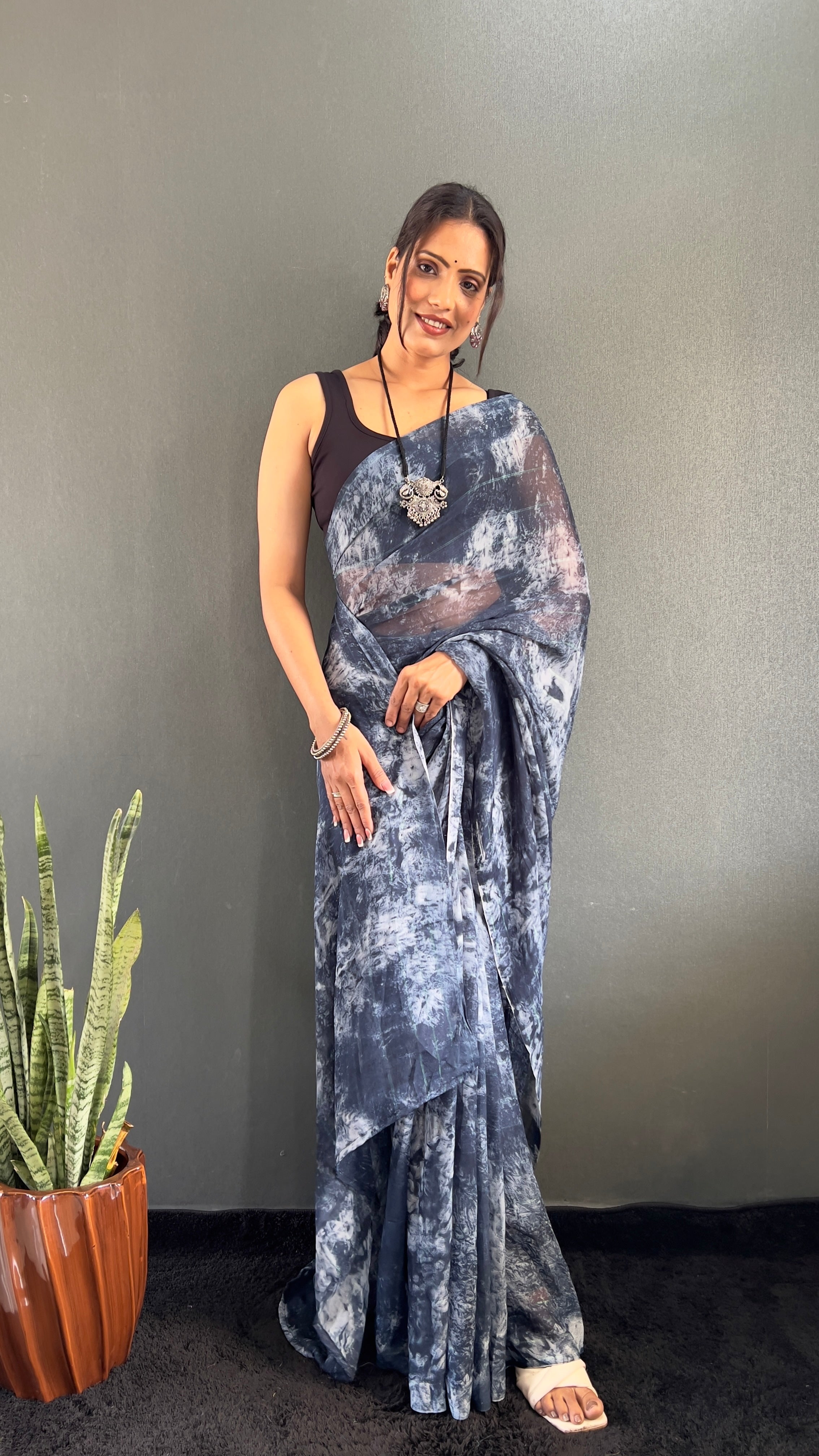 Adita One Minute Ready To Wear Navy Blue Saree With Unstiched Blouse