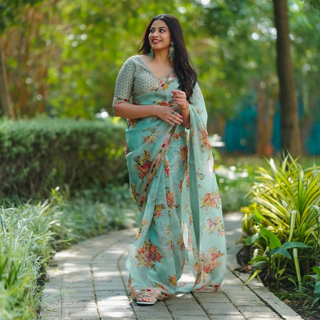 New Designer Digital Printed Tibby Slik Saree With Thread And Sequence Work Along With UnStiched Blouse Piece