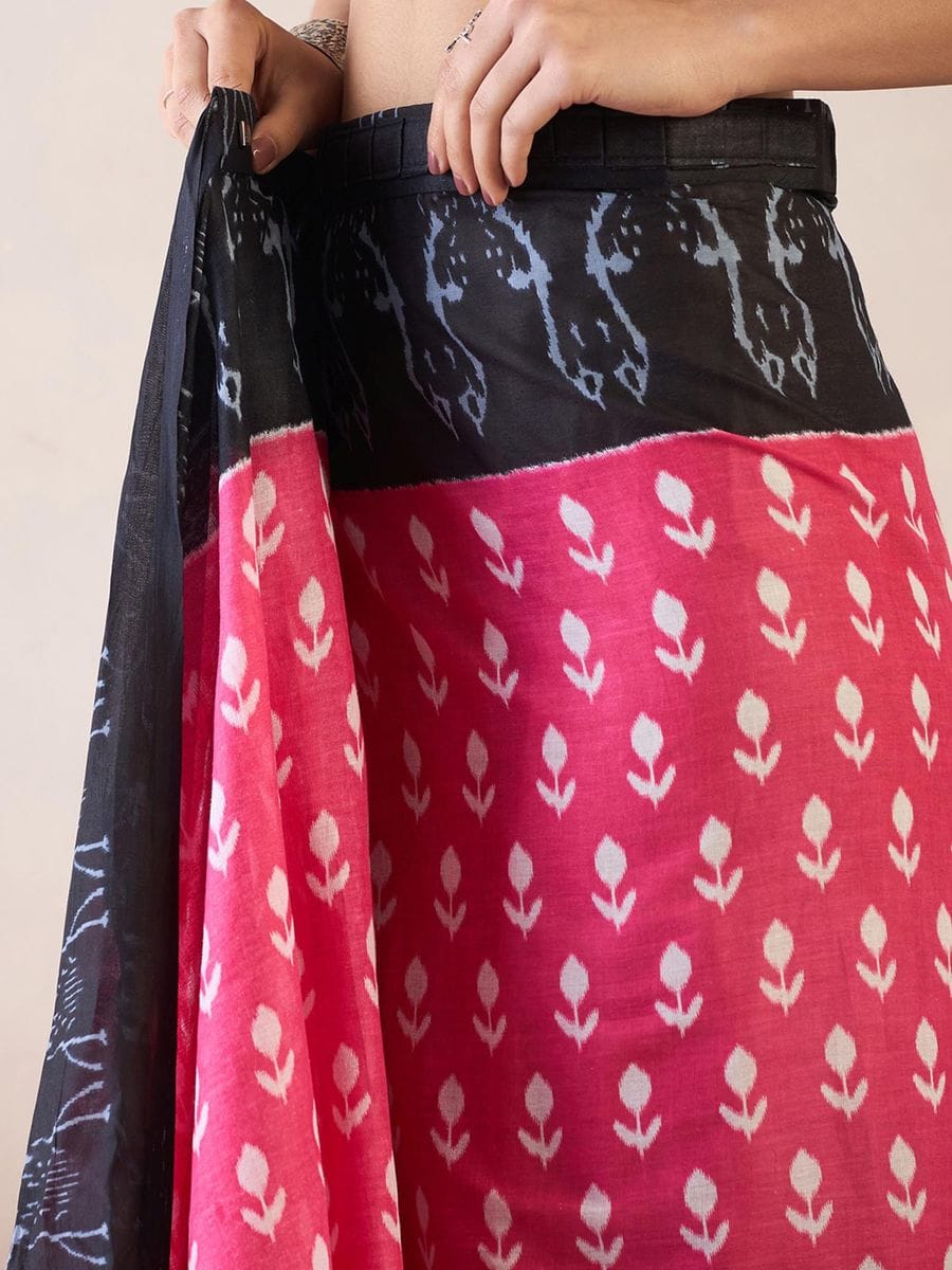 New One Minute Ready To Wear Flower Designed Pure Soft Mul Cotton Silk Pink Saree With  Pocket Along With Same Model  Unstiched Blouse Piece