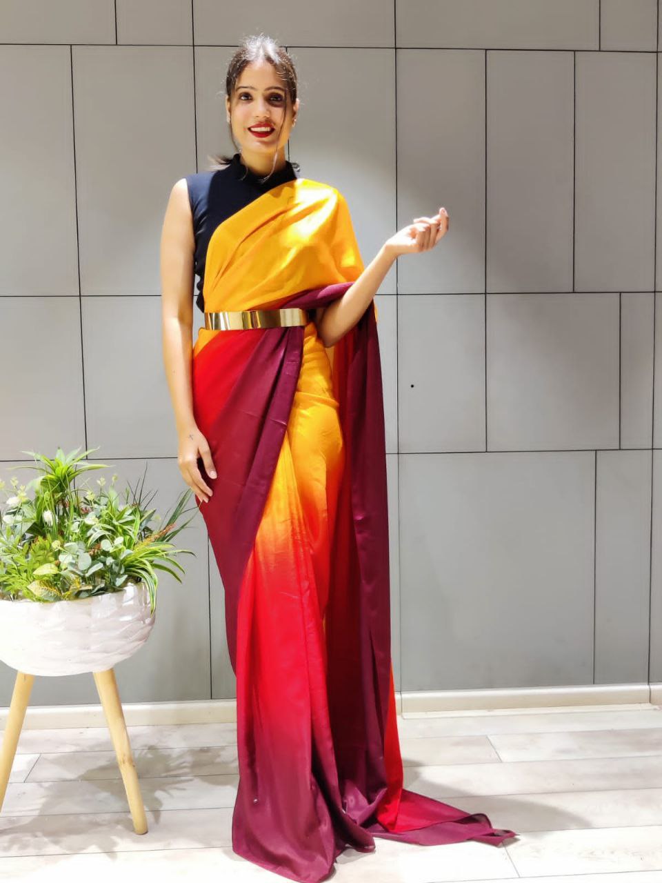 New One Minute Ready Wear Red-Yellow Dual Tone Georgette Saree