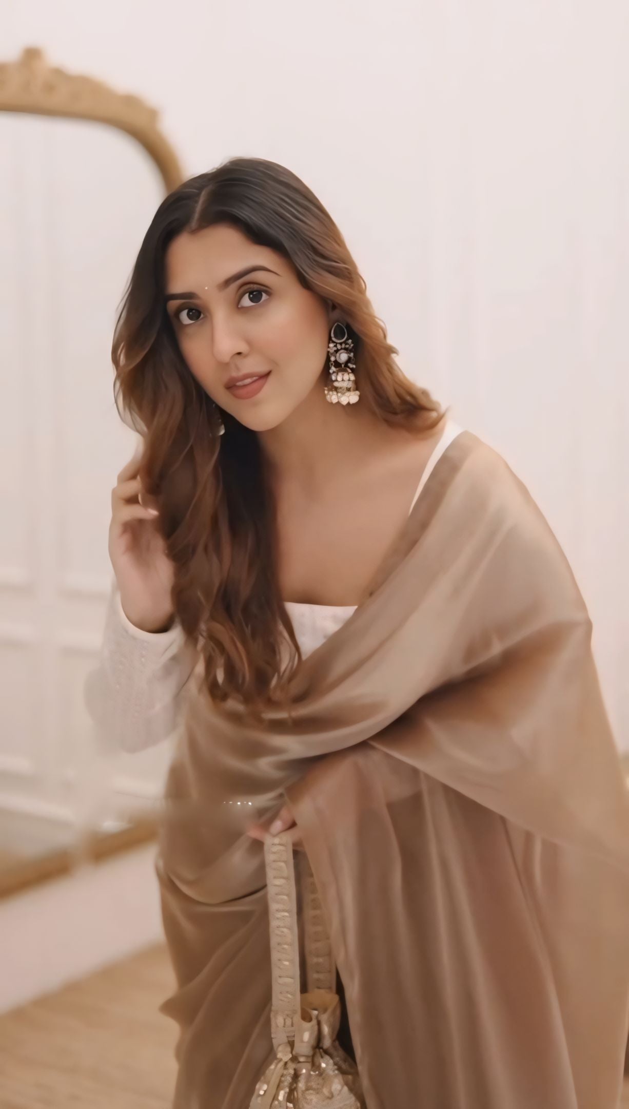 New Designer Soft Fancy Fandy Silk Two Tone Dark Cream Saree With Heavy Embroidery Work Full Sleeve Stiched Blouse