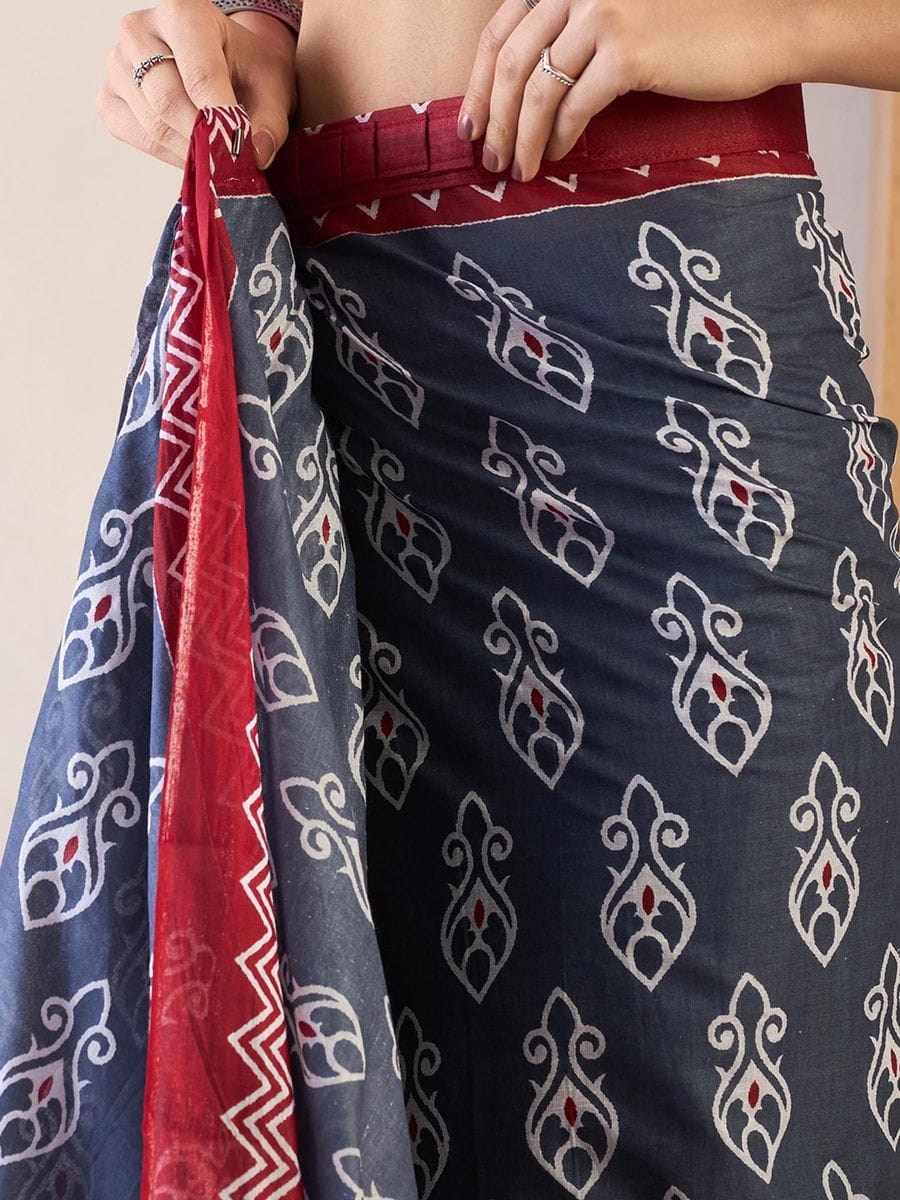 New One Minute Ready To Wear  Pure Soft Mul Cotton Silk Dark Grey Saree With  Pocket Along With Running Unstiched Blouse Piece