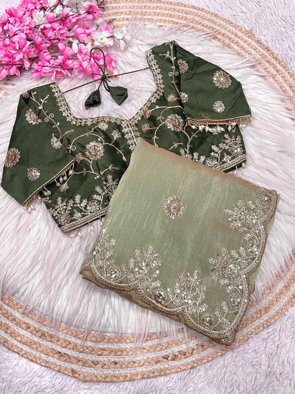 New Designer NC Vichitra Two Tone Green Saree With Sequence Coding Embroidery Work