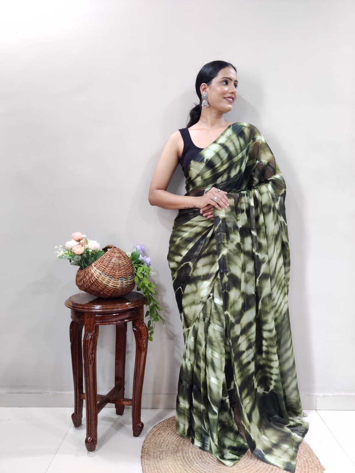 New One Minute Ready Wear Green Bandhani Georgette Saree