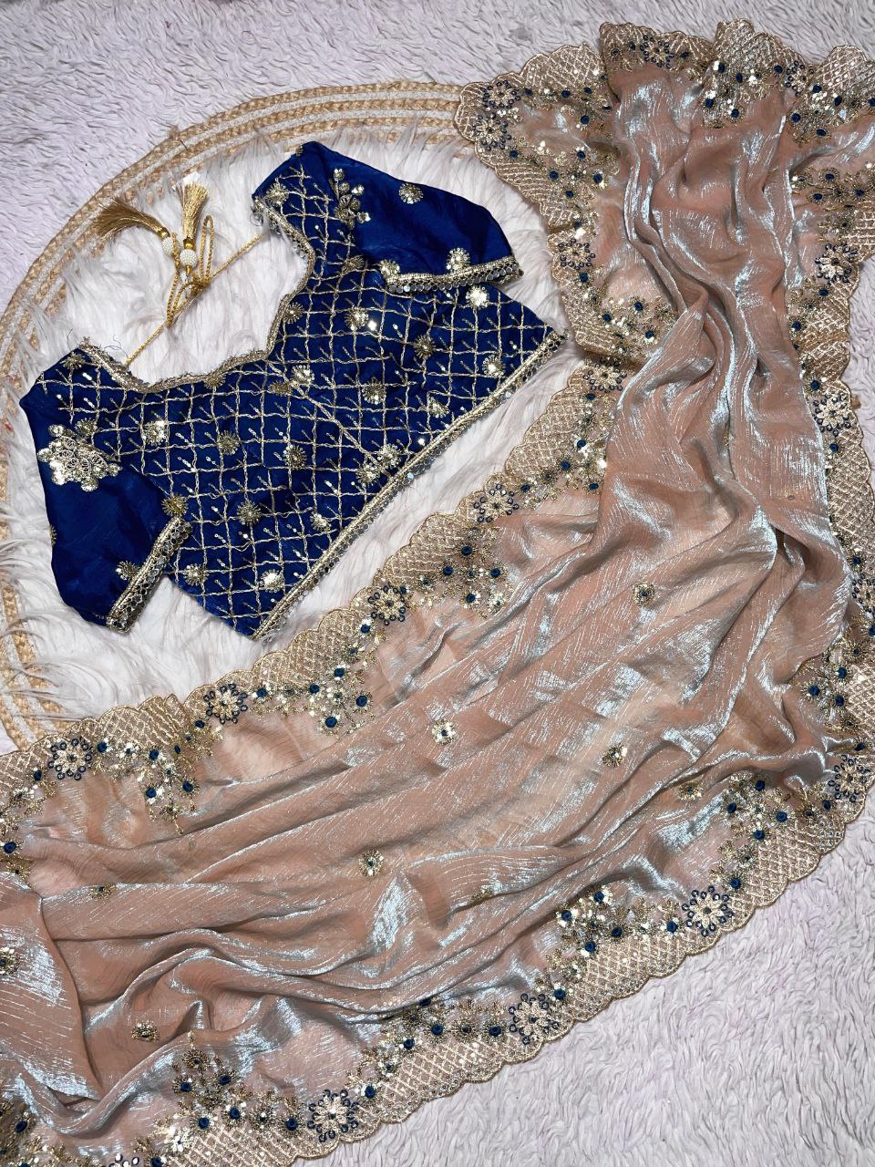 New Designer Fendy Chiffon Two Tone Saree - Cream