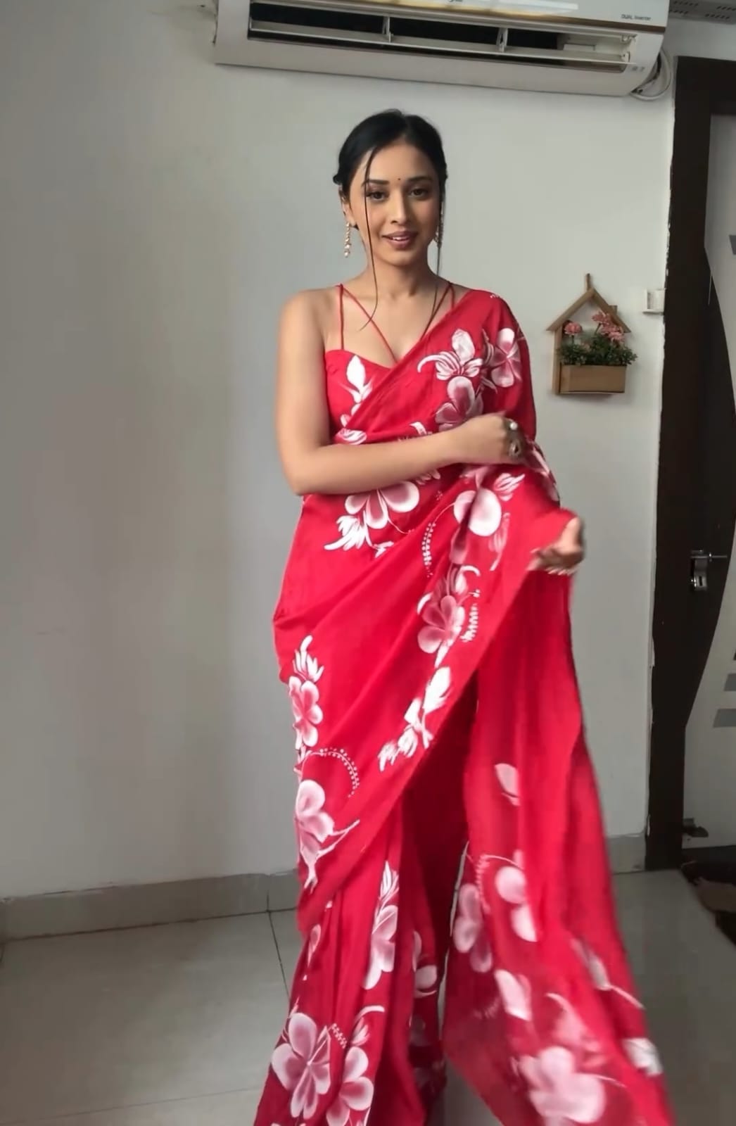 New One Minute Ready Wear Flower Printed Red Georgette Saree