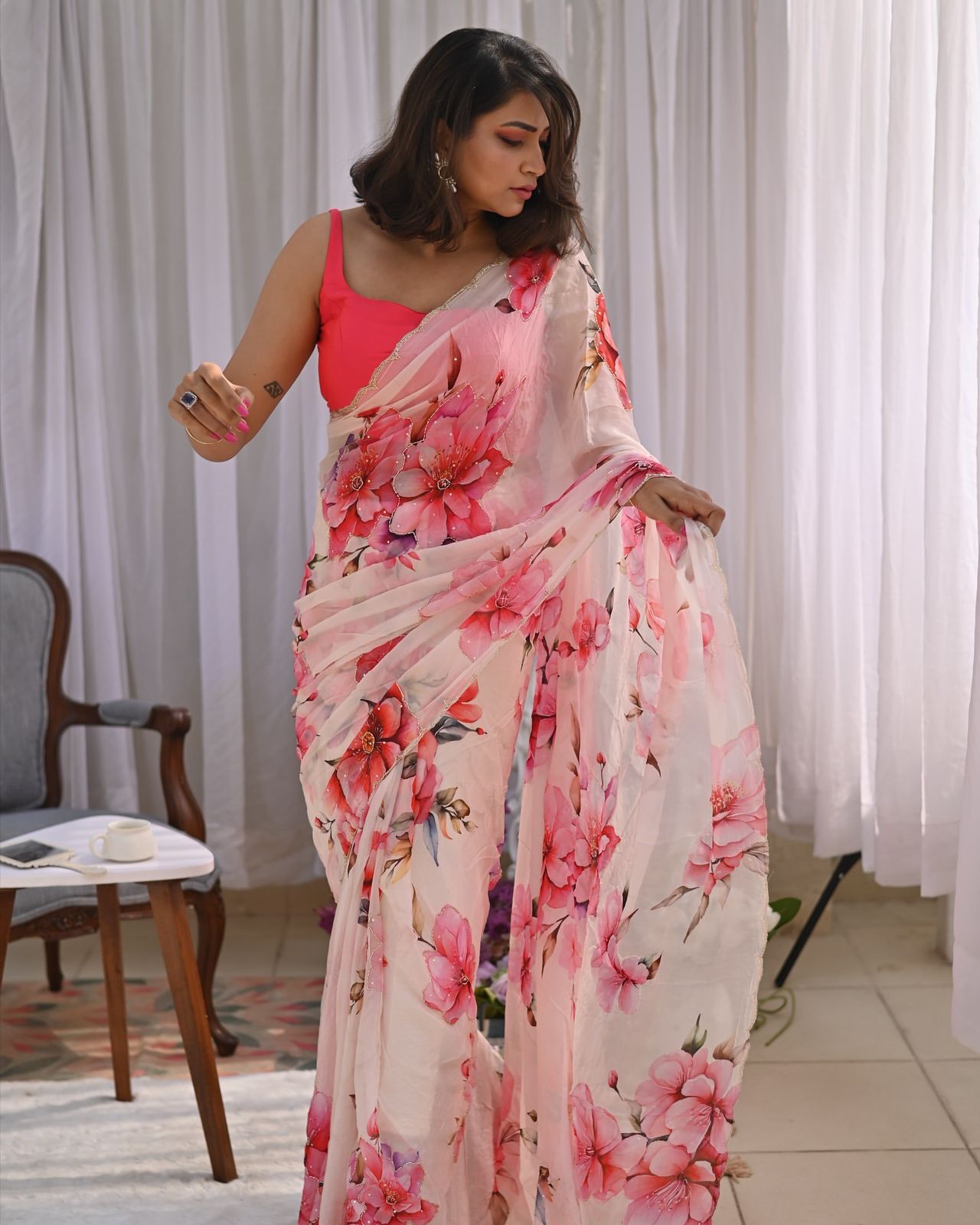 New Designer Floral Cutdana and Diamond Hand Worked Tebby Slik Saree With Unstiched Blouse Piece
