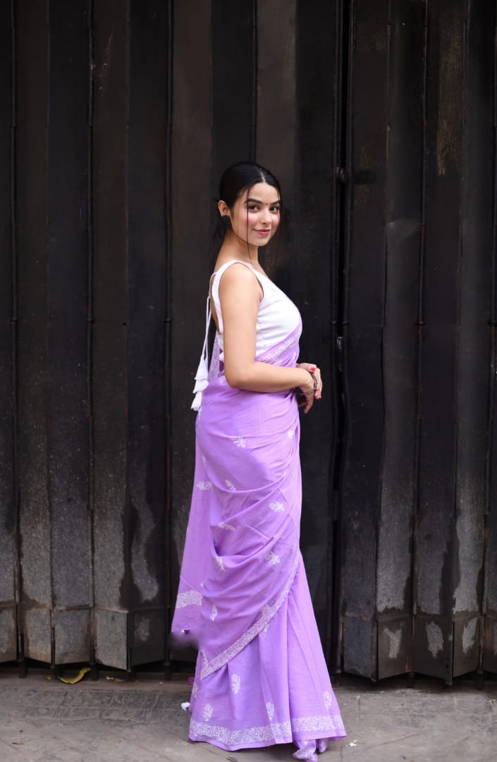 New One Minute Ready To Wear  Pure Soft Mul Cotton Silk Lavender Saree With  Pocket Along With Running Unstiched Blouse Piece