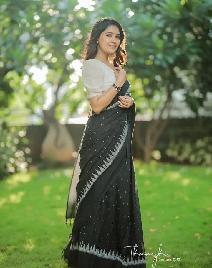 New One Minute Ready To Wear  Pure Soft Linen Silk Digital Printed Black Saree With Same Model White Unstiched Blouse