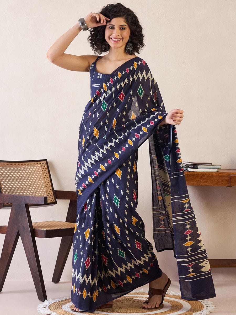 New One Minute Ready To Wear  Pure Soft Mul Cotton Silk Navy Blue Saree With  Pocket Along With Running Unstiched Blouse Piece