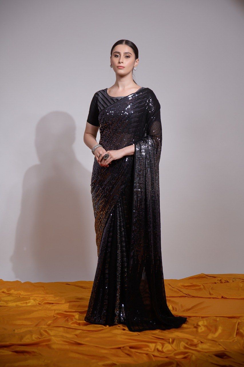 New Designer Heavy Georgette Black And Grey Sequins Embroidery Worked  Saree With Embroidery Worked Satin Banglori Unstiched Blouse Piece