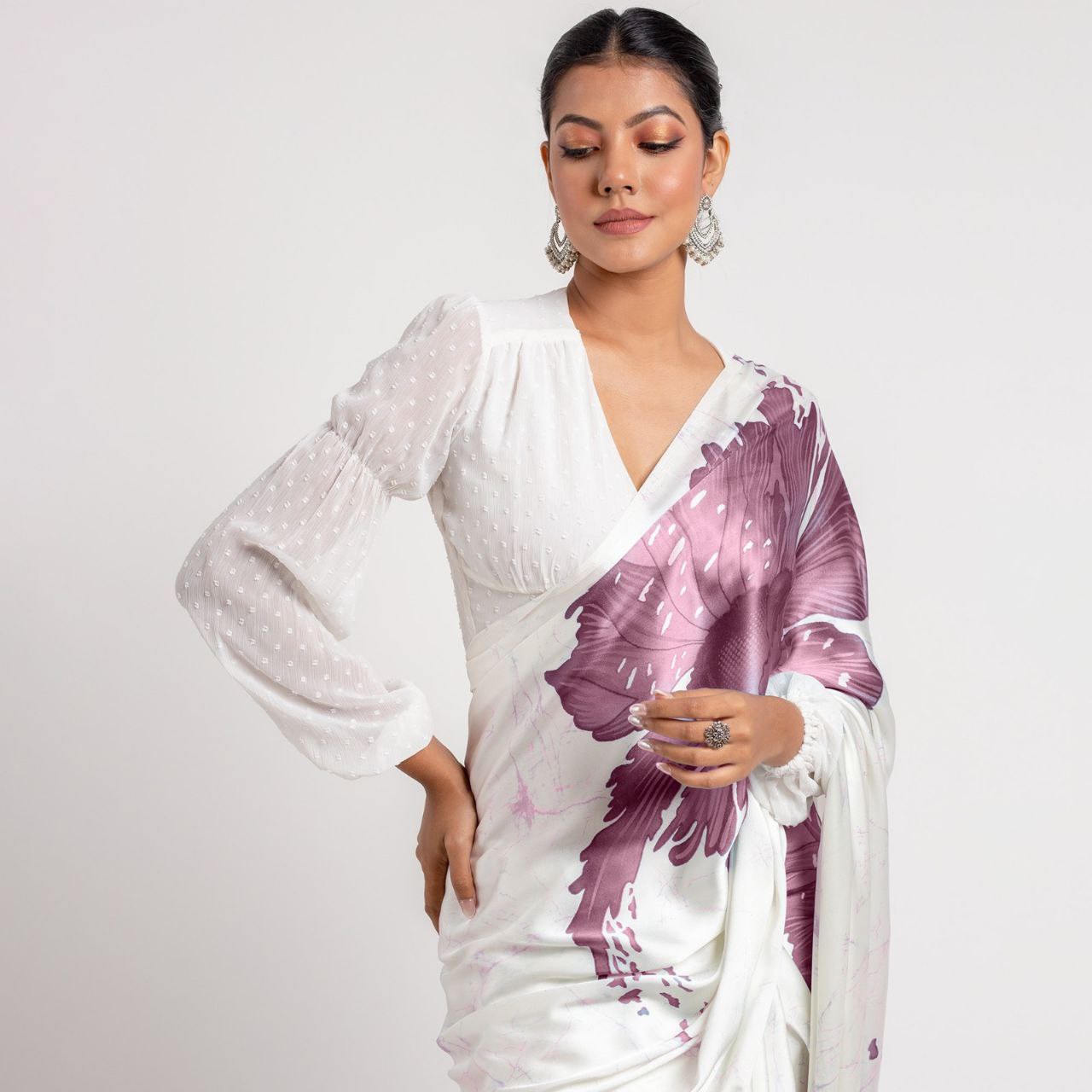 New Designer Original Japan Satin Devsena White Saree With Digital Printed Brownish Pink Flower