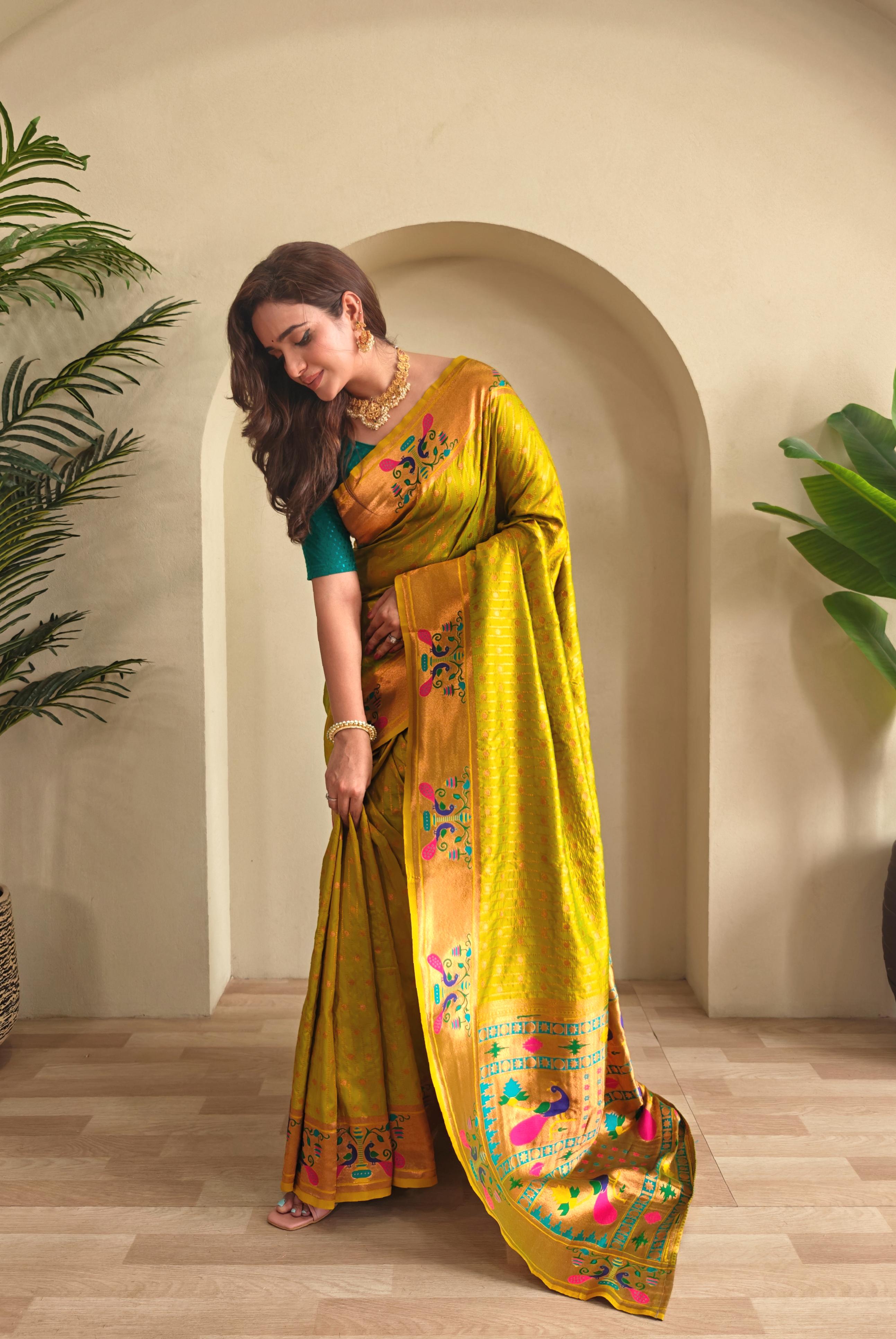 New Designer Premium Paithani Chartreuse Yellow Saree With Rich Weaved Paithani Pallu Along With All Over Polka Design With Contrast Unstiched Blouse Piece