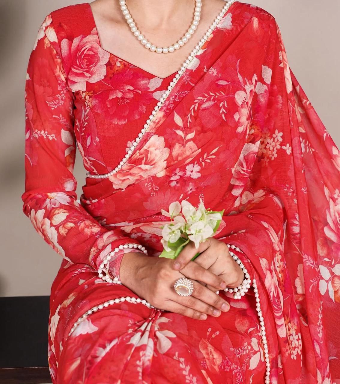 New Designer Digital Foral Printed Georgette Saree - Red