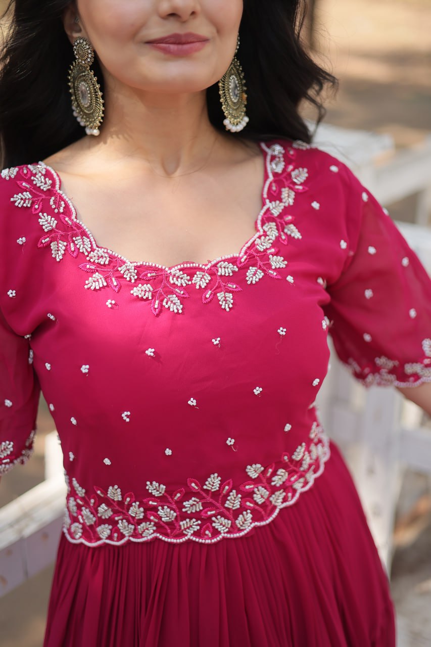 PREMIUM DESIGNER READYMADE GOWN WITH BEADS EMBROIDERY WORK - PINK