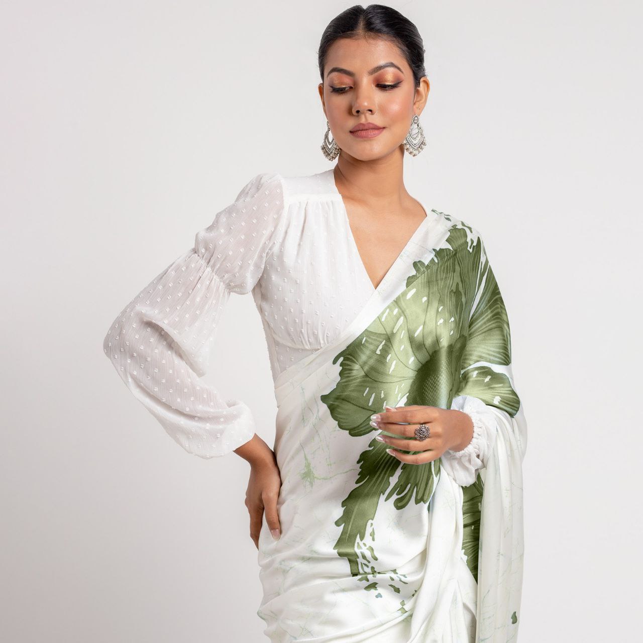 New Designer Original Japan Satin Devsena White Saree With Pastel Green Flower Digital Print