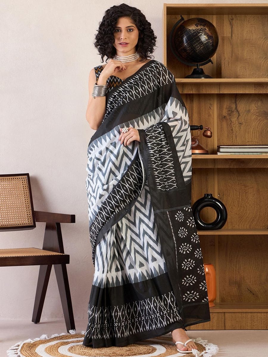 New One Minute Ready To Wear  Pure Soft Mul Cotton Silk zigzag Design Black Saree With Pocket Along With Same Model Digital printed Unstiched Blouse Piece