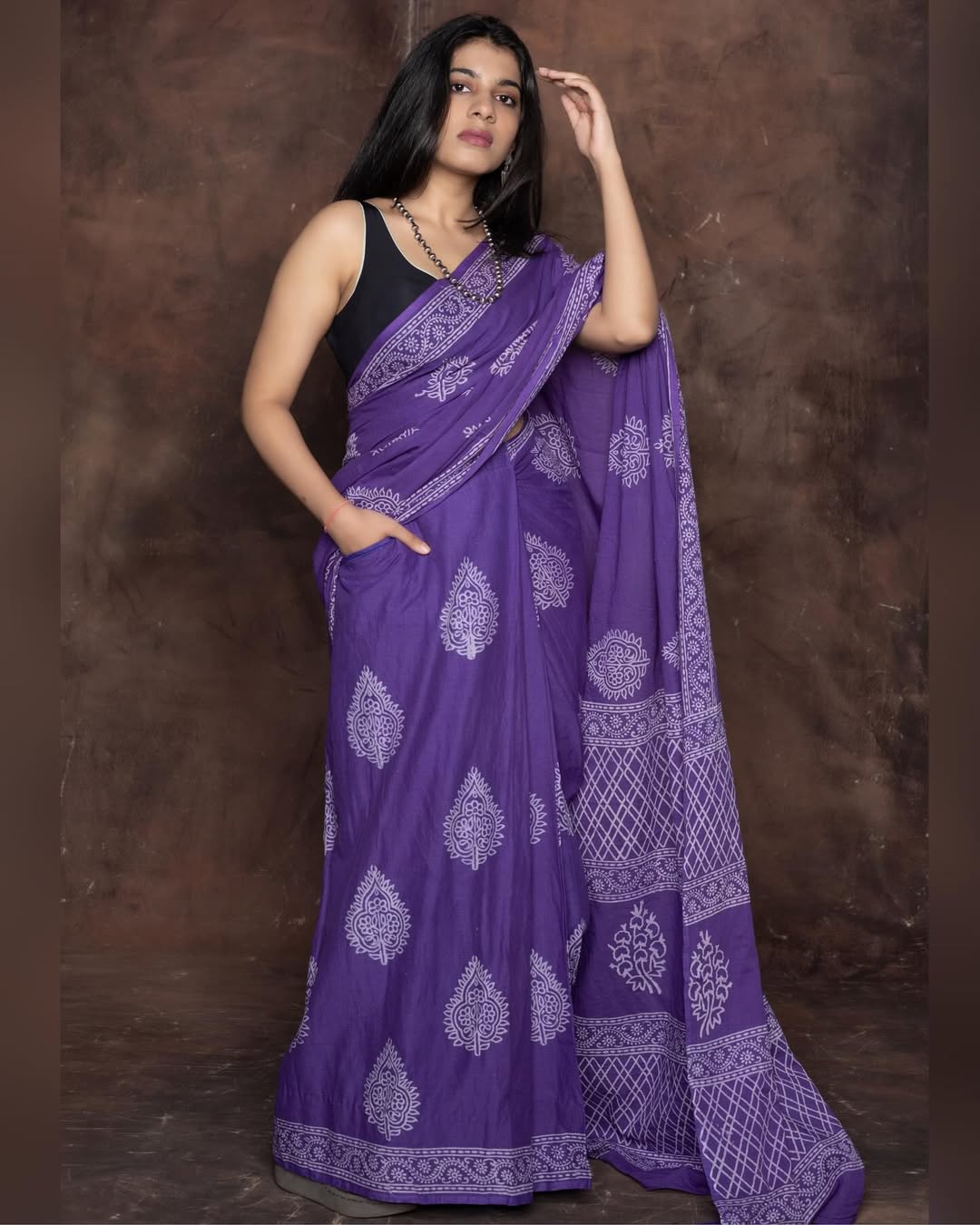 New One Minute Ready To Wear  Pure Soft Mul Cotton Silk Purple Saree With  Pocket Along With Running Unstiched Blouse Piece