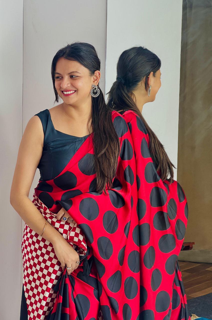 New Designer Premium Ajrakh Printed Black Dotted Red Gajji Silk Saree With Latkan