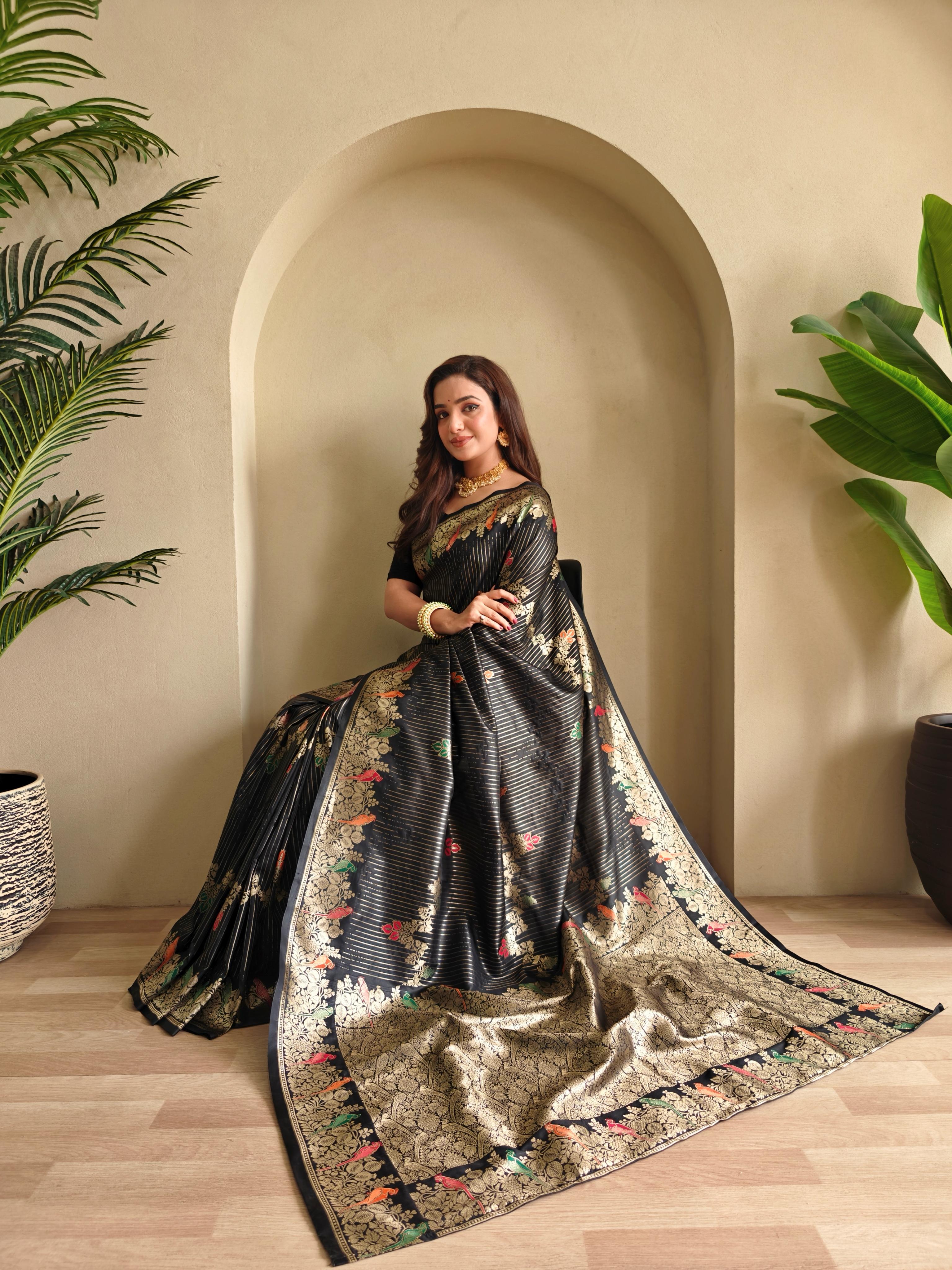 New Designer Banarasi Mushro Satin Silk Zari Weaved Black Saree With Unstiched Blouse Piece