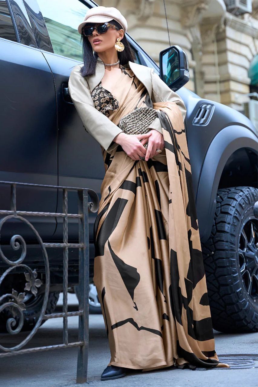 New Designer Party Wear Chocolate Brown Digital Printed Original Japan Satin Saree