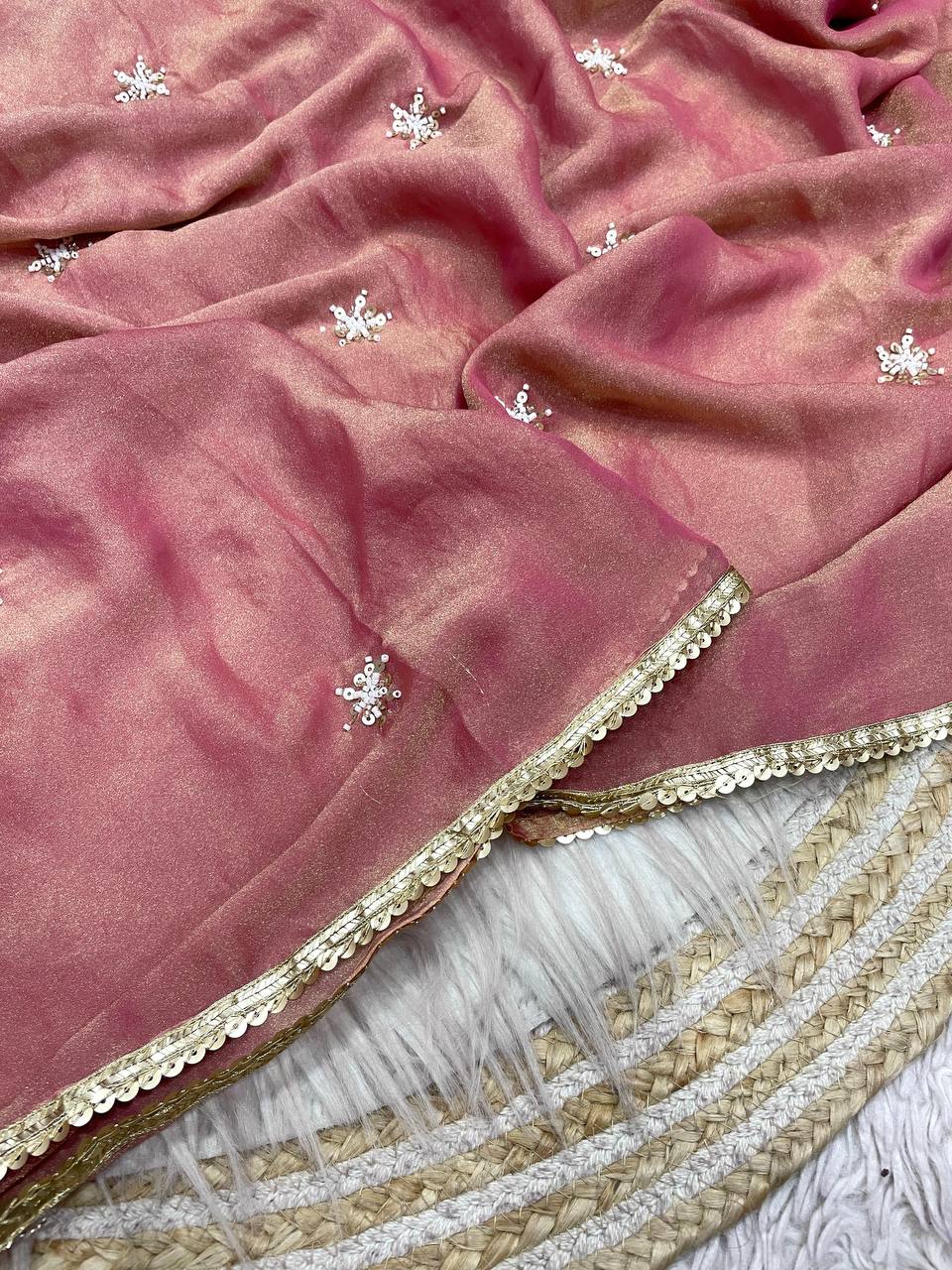 New Designer NC Moss Sattin Saree With All Over Birts Sequence Butti Work - Peach