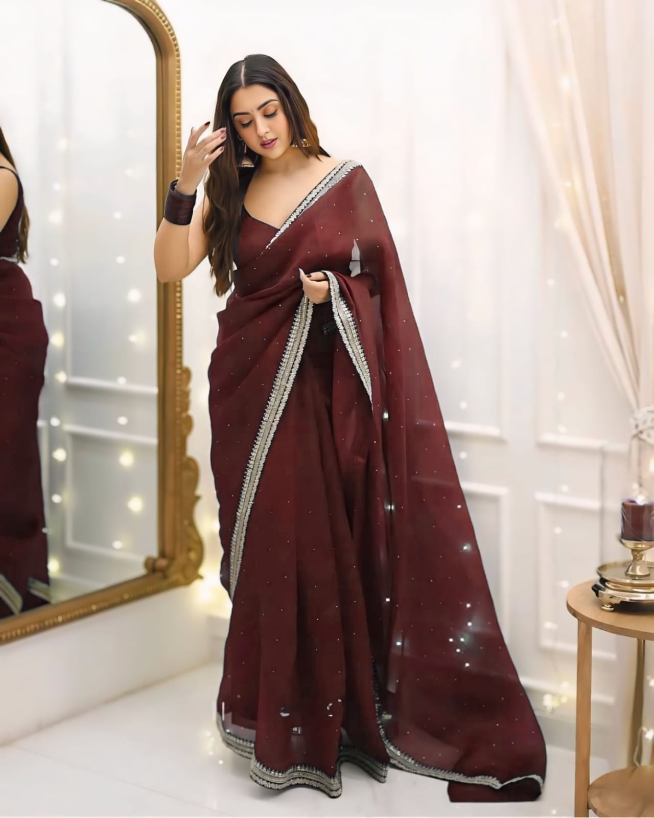 New One Minute Ready To Wear Pure Soft Organza Silk Dark Maroon Saree With Beautiful Diamond Work All Over The Saree Handwork With Same Colour Stiched Blouse