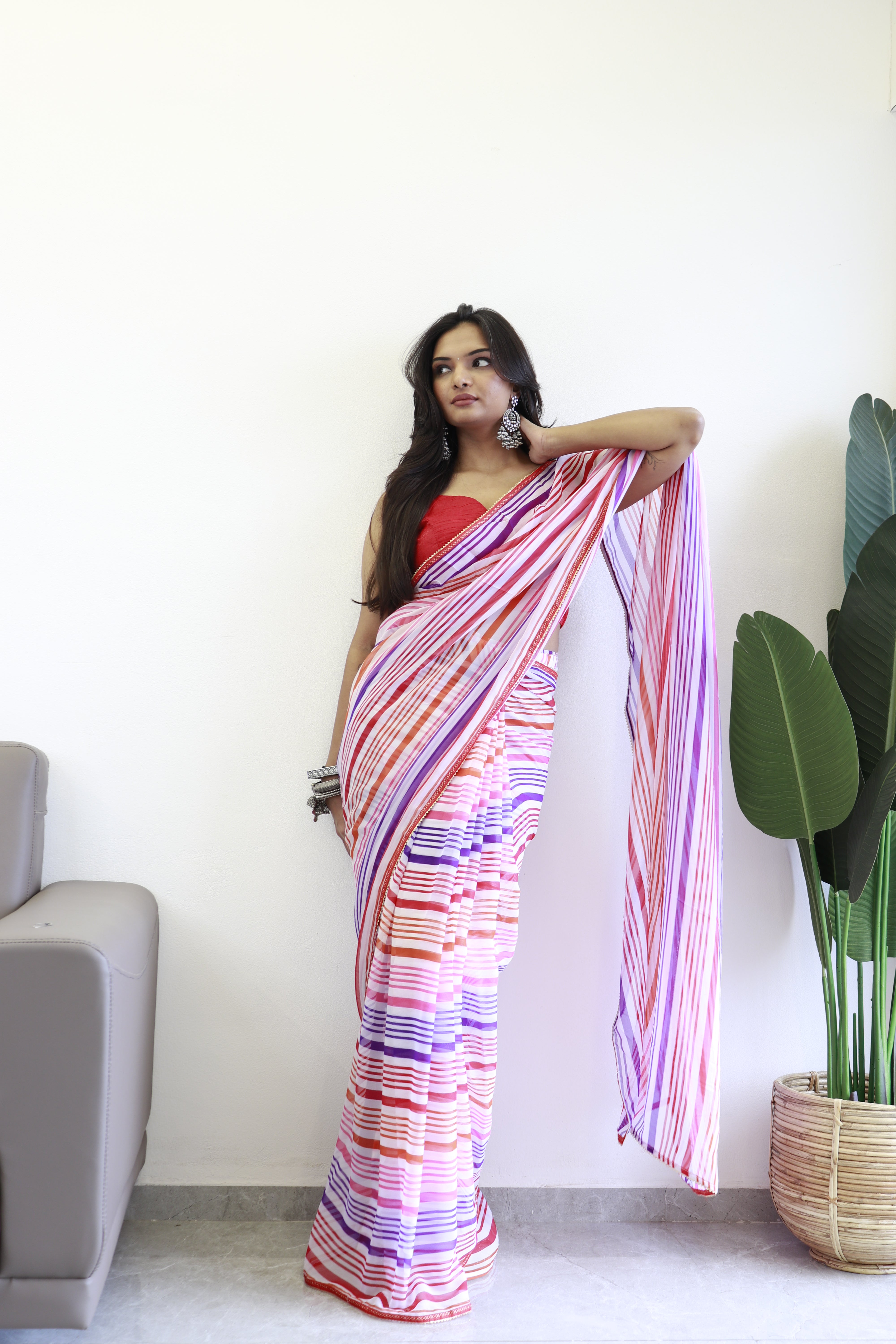 New One Minute Ready Wear Pink Multicolor Strip Saree