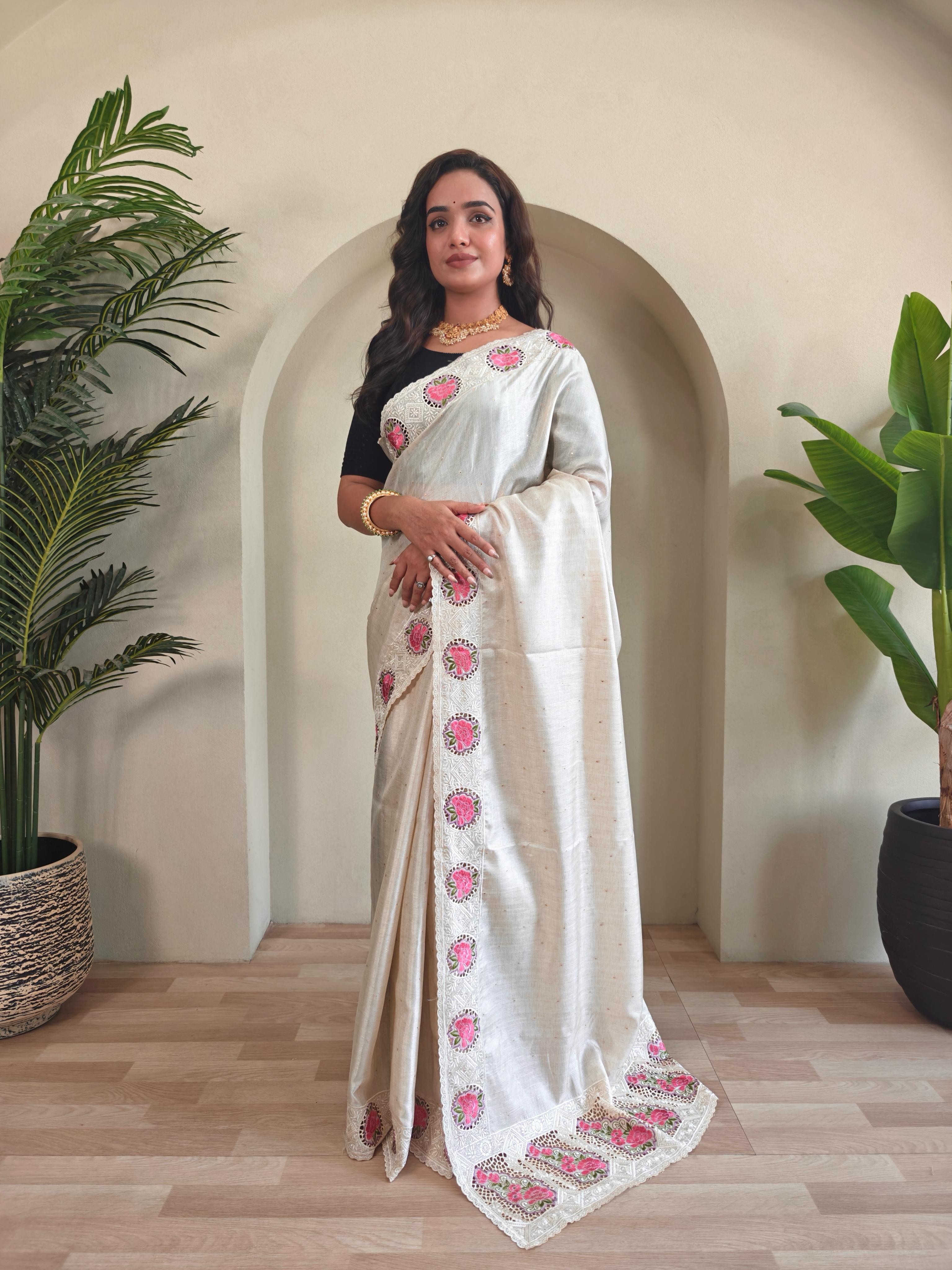 New Designer Soft Tussur Silk off White Saree With Super Fine Embroidered Pattern With Running Unstiched Blouse Piece